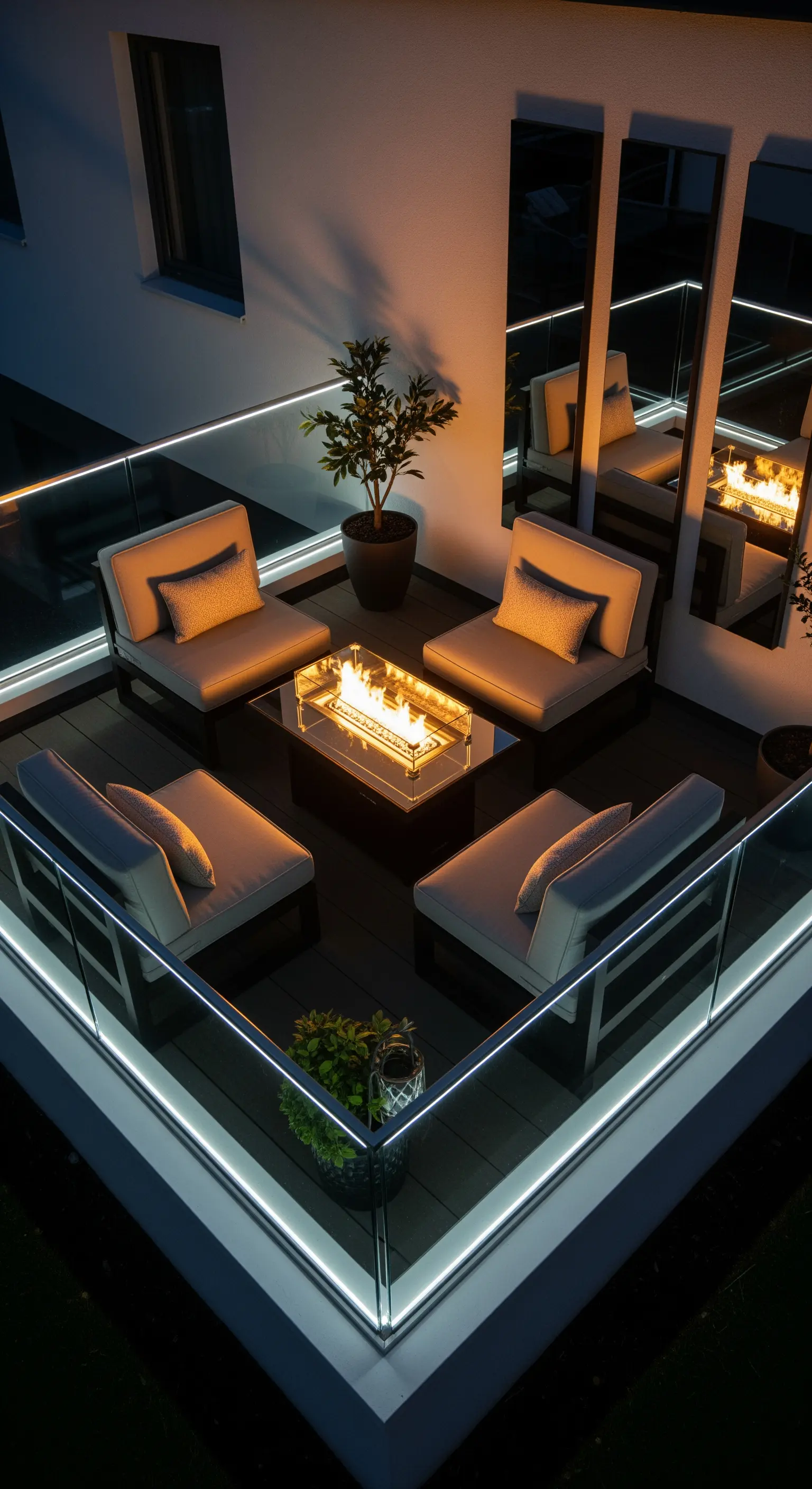Terrazza moderna con braciere, illuminata da strisce LED lungo le balaustre e gli arredi.