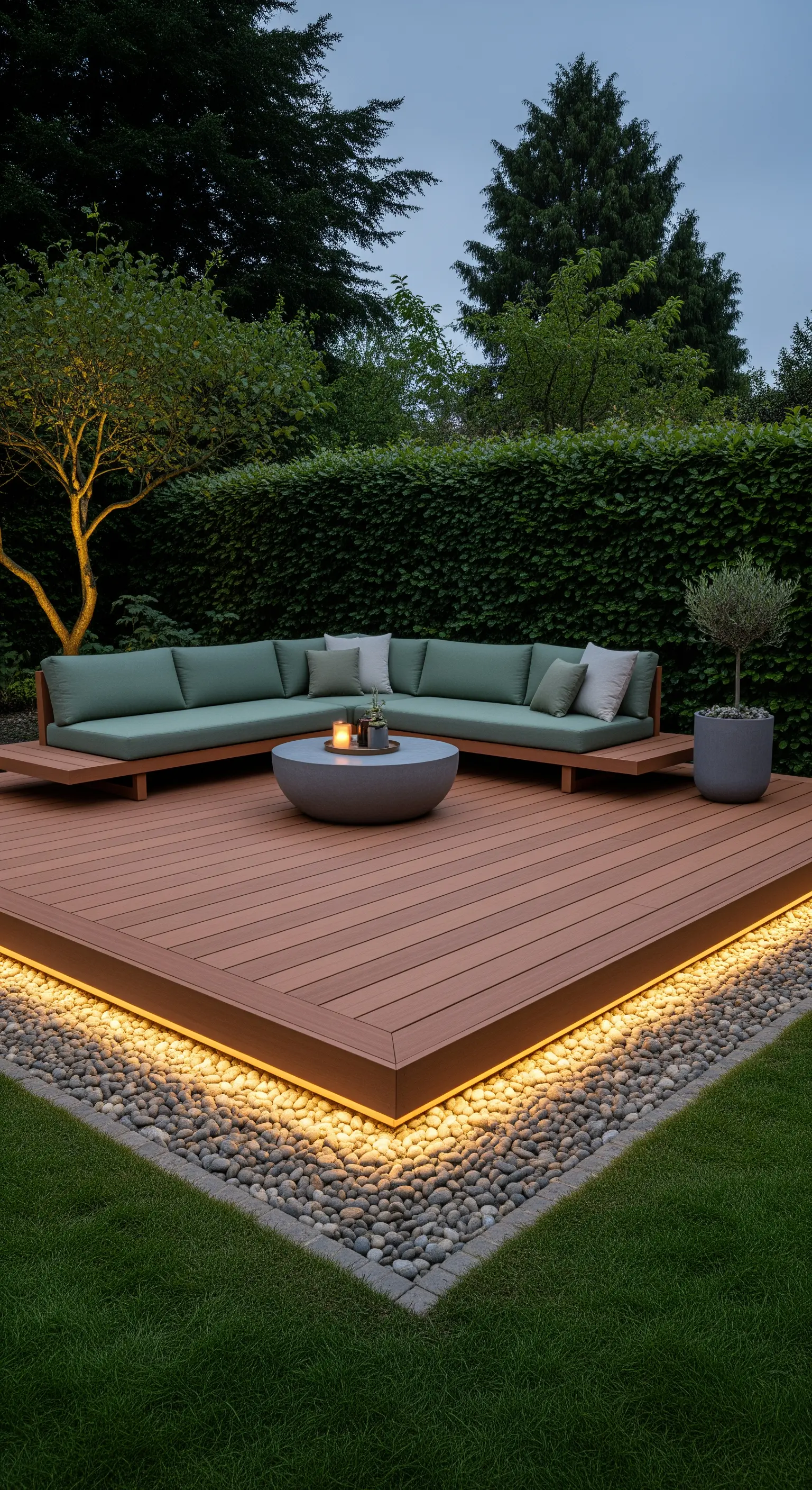 Patio in legno con divano angolare verde, incorniciato da una striscia LED e ciottoli.