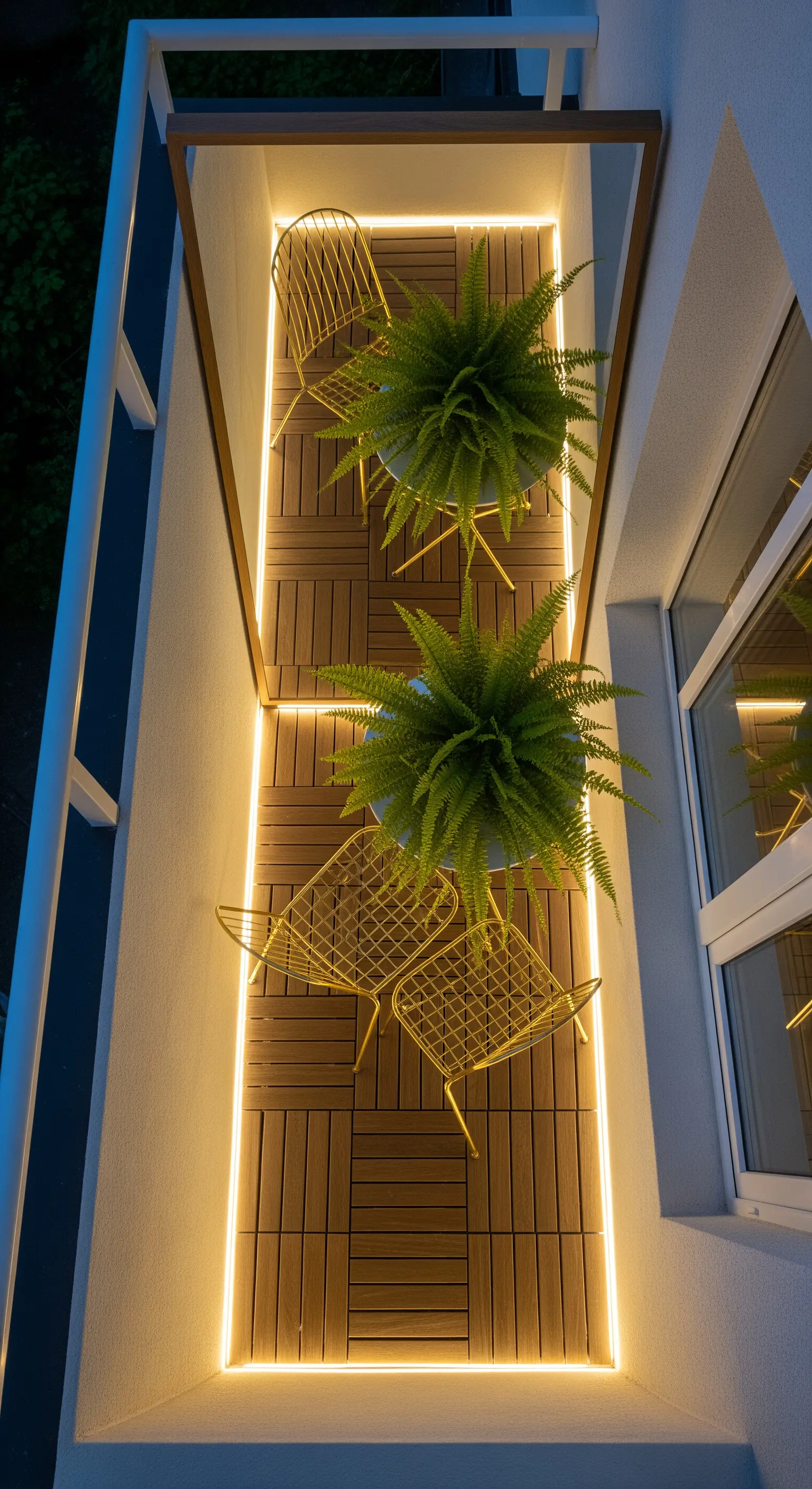 Balcone stretto visto dall'alto, con un perimetro di luce LED a pavimento e sedie dorate.