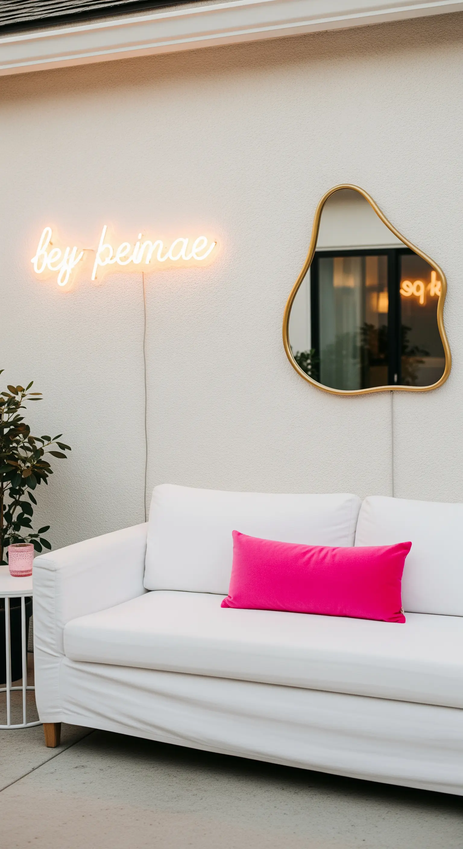 Divano bianco con cuscino fucsia, specchio dorato e un'insegna al neon personalizzata sulla parete