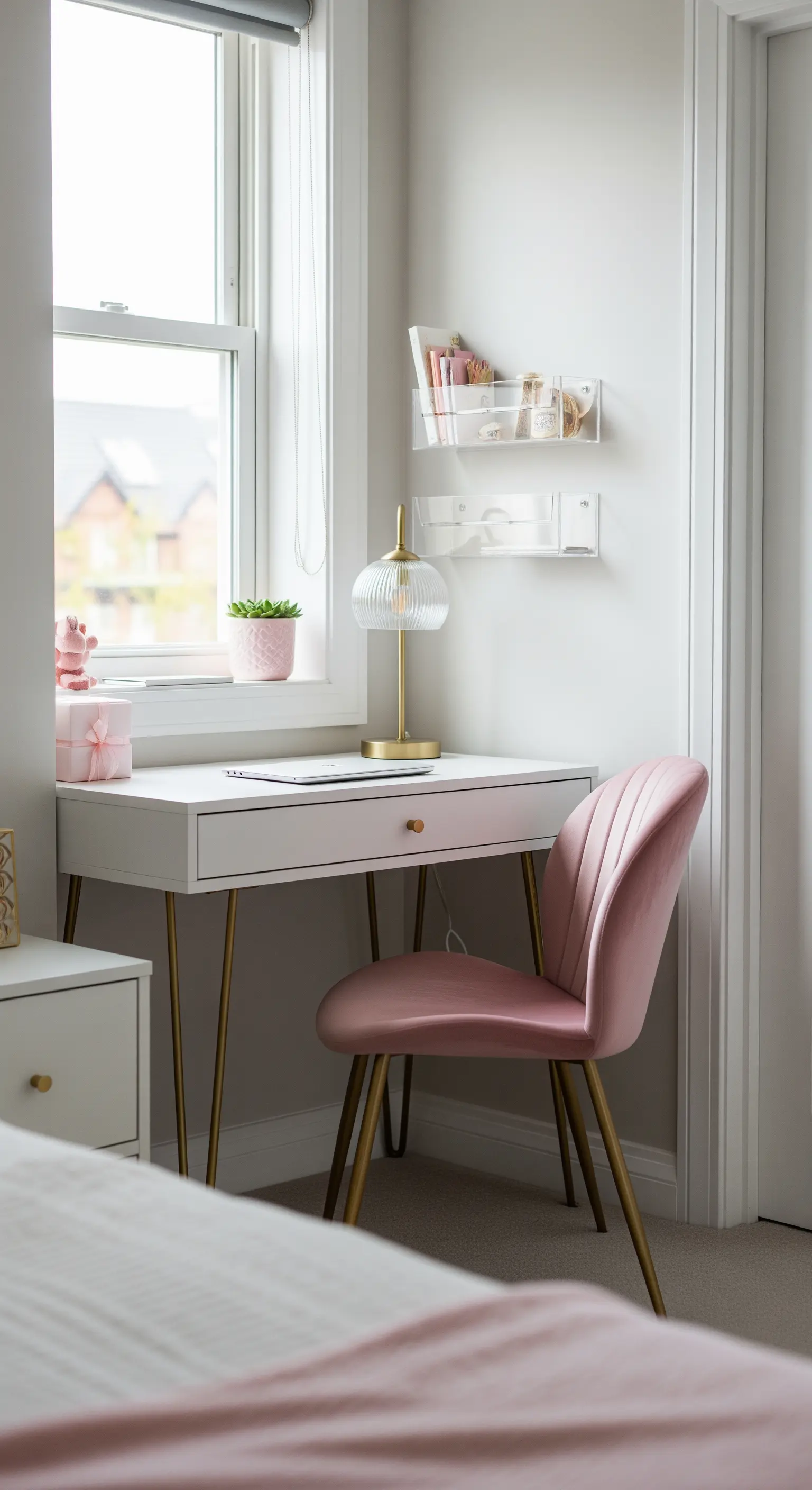 Angolo studio con scrivania bianca e oro, sedia in velluto rosa e organizer trasparenti.