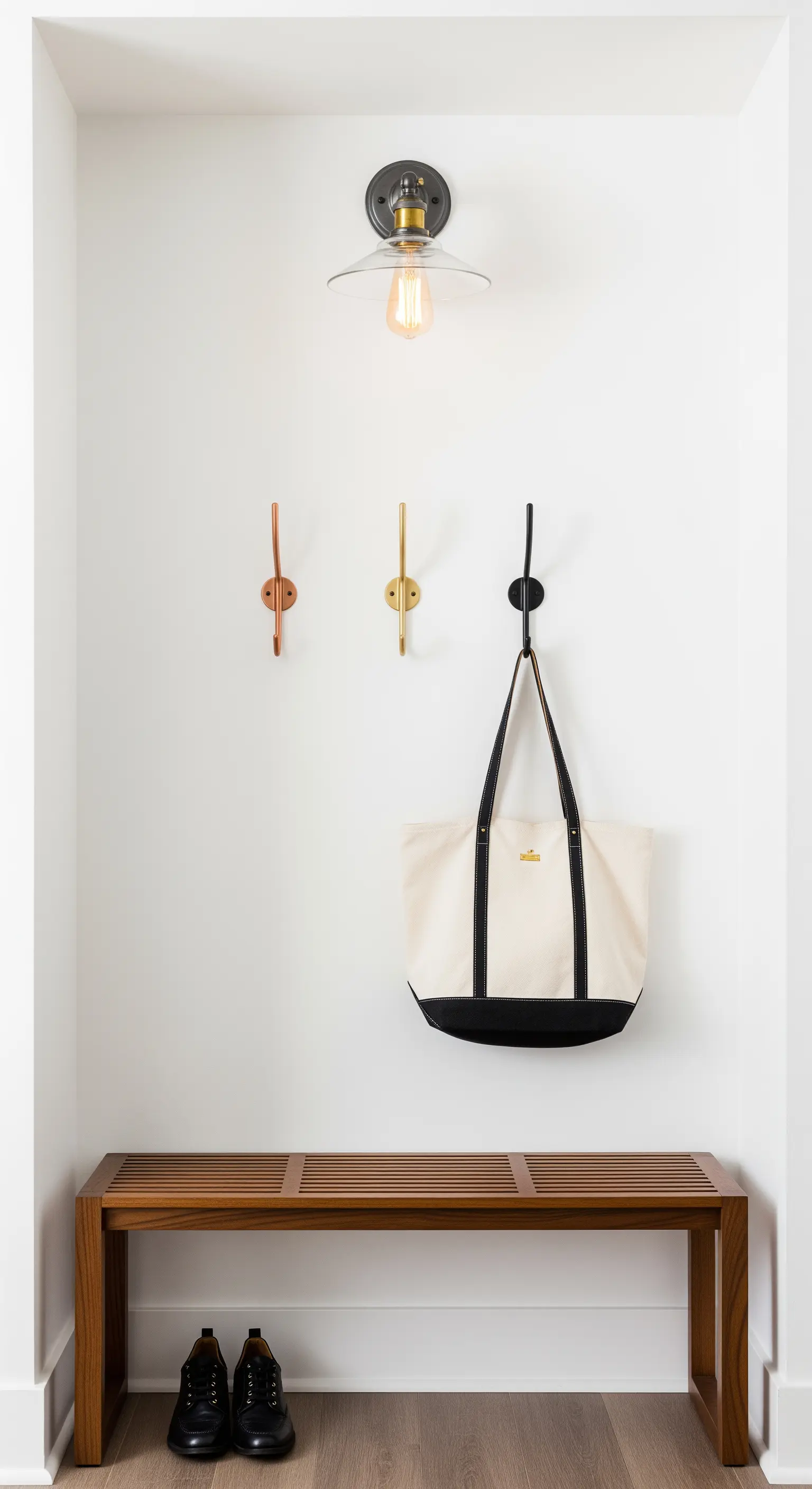 Nicchia d'ingresso con panca in legno e tre ganci appendiabiti in rame, ottone e nero.