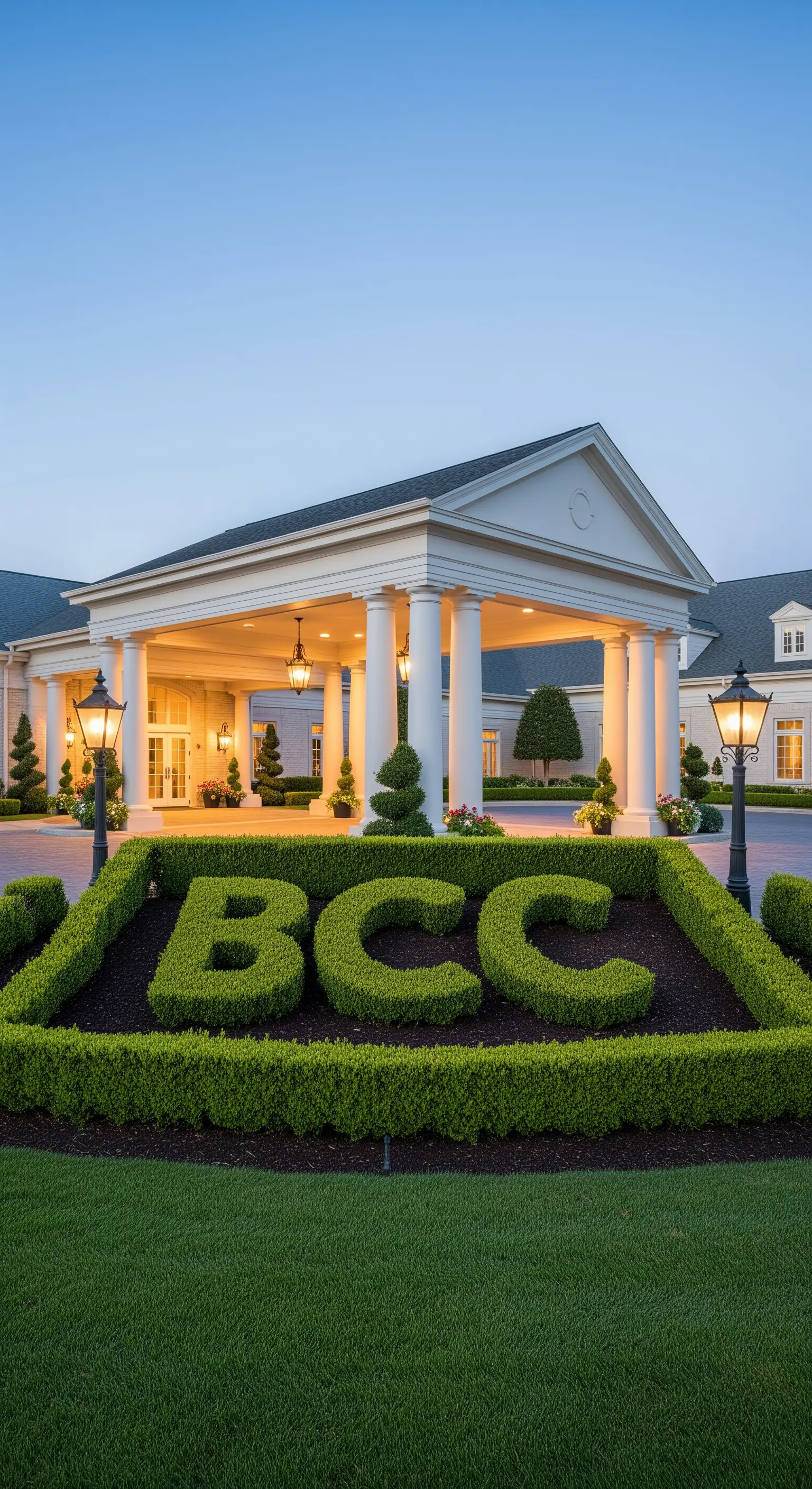Ingresso di un club con portico a colonne bianche e una grande siepe potata a forma di lettere