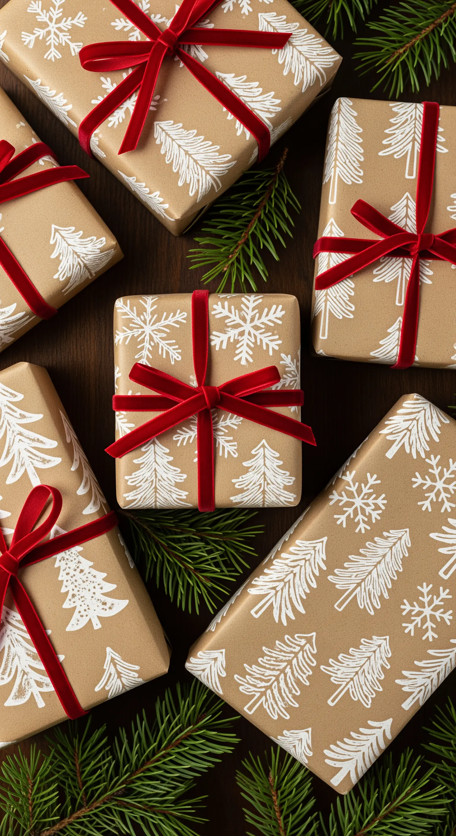 Pacchetti regalo su carta kraft con motivi di alberi e fiocchi di neve bianchi.