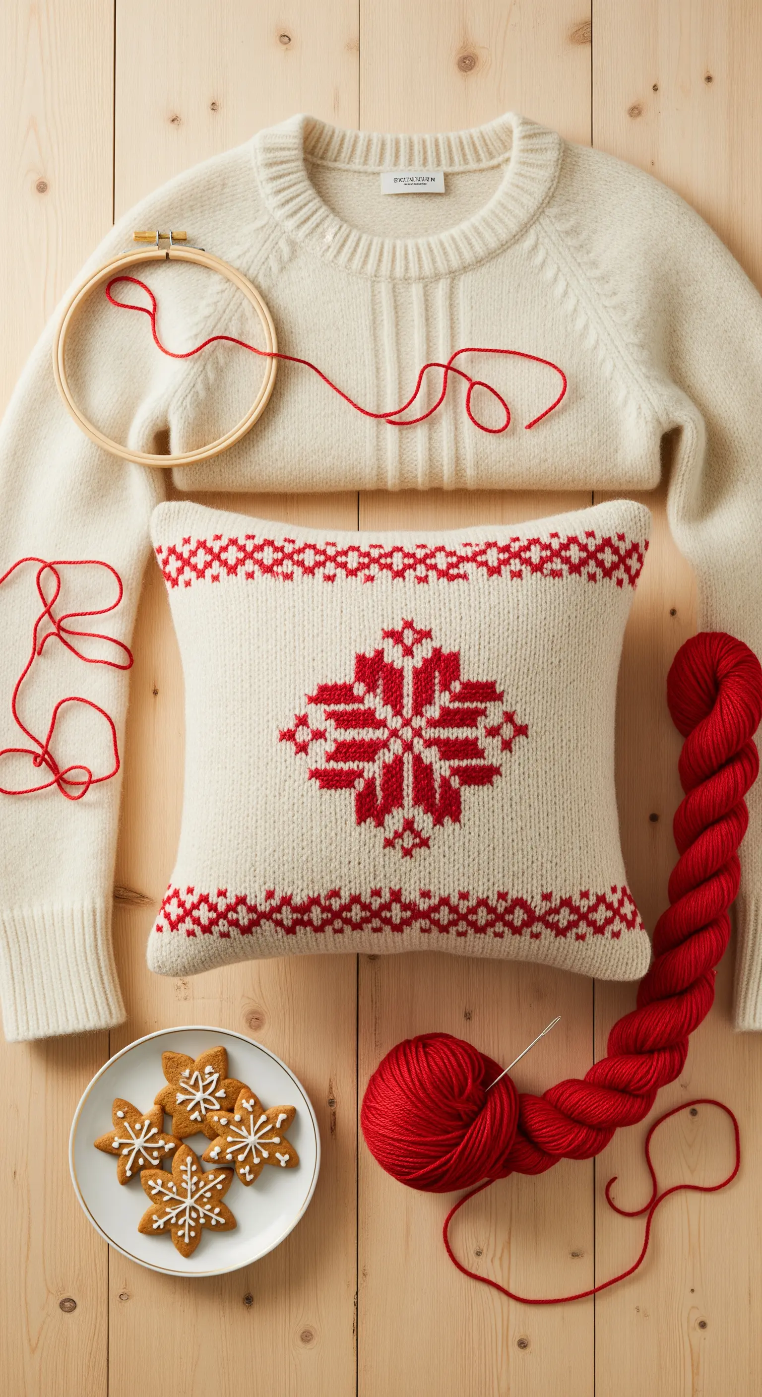 Cuscino color panna con un fiocco di neve ricamato in rosso, stile nordico.