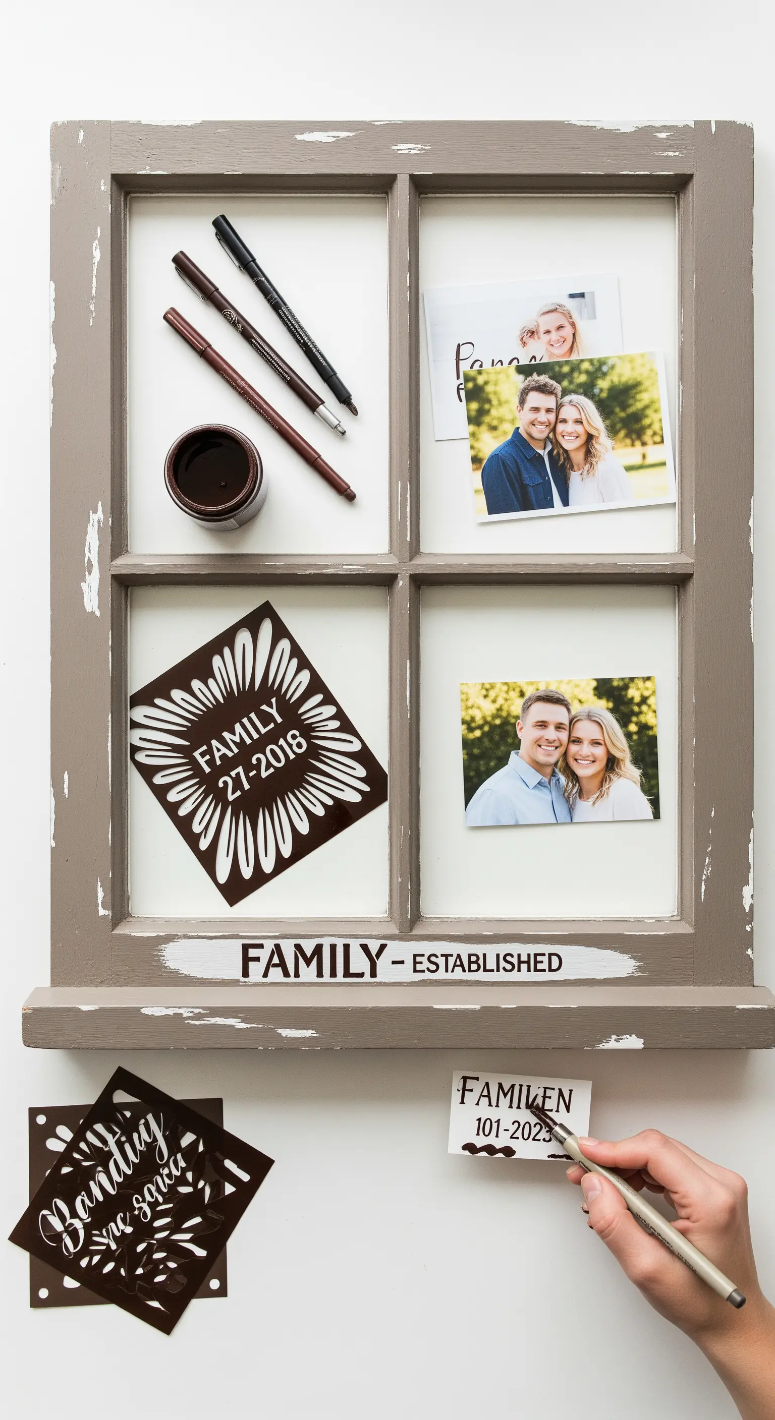 Processo di decorazione di una finestra-cornice con stencil per scrivere la parola 