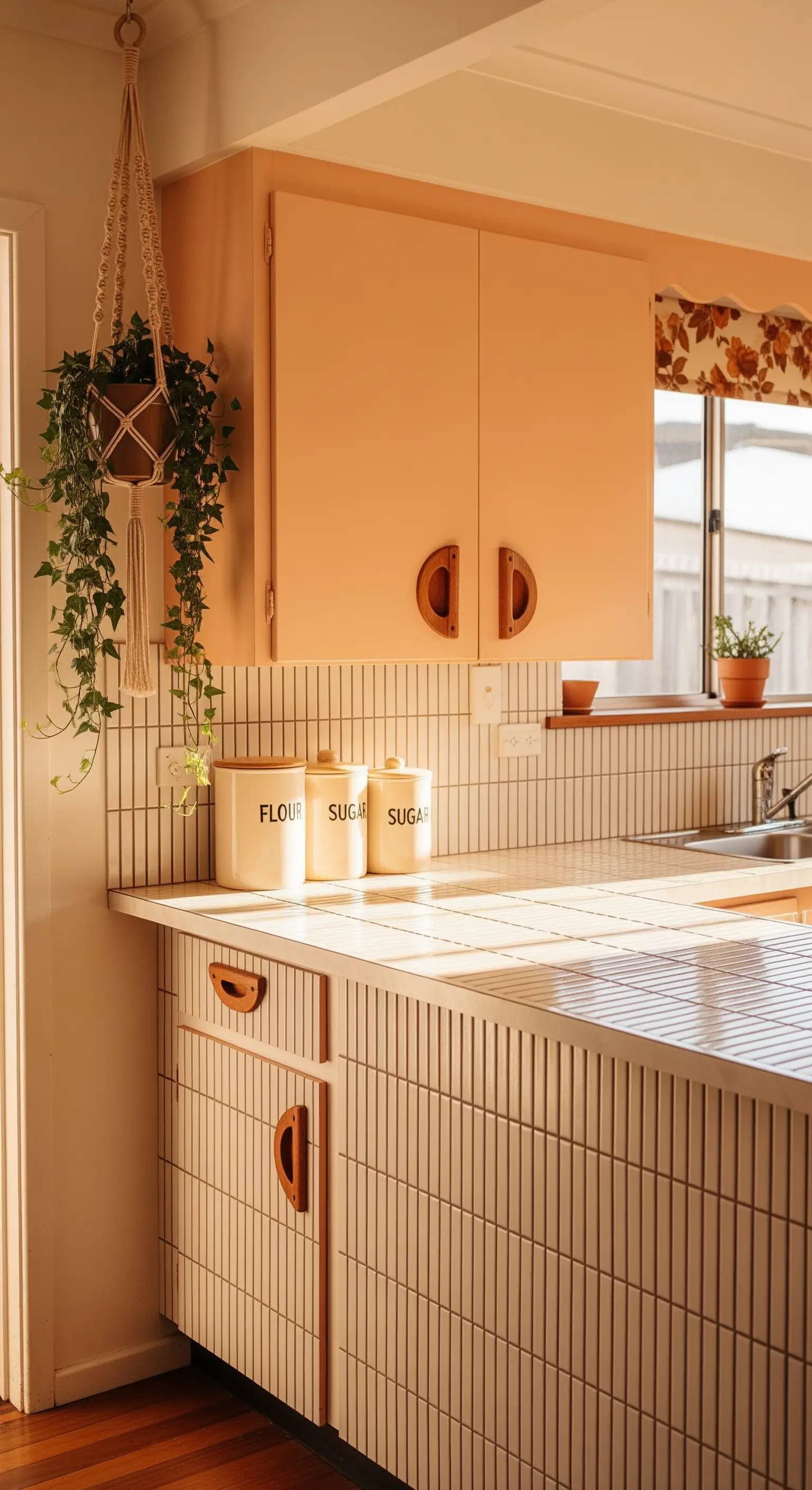 Cucina color pesca con piastrelle verticali e maniglie in legno.