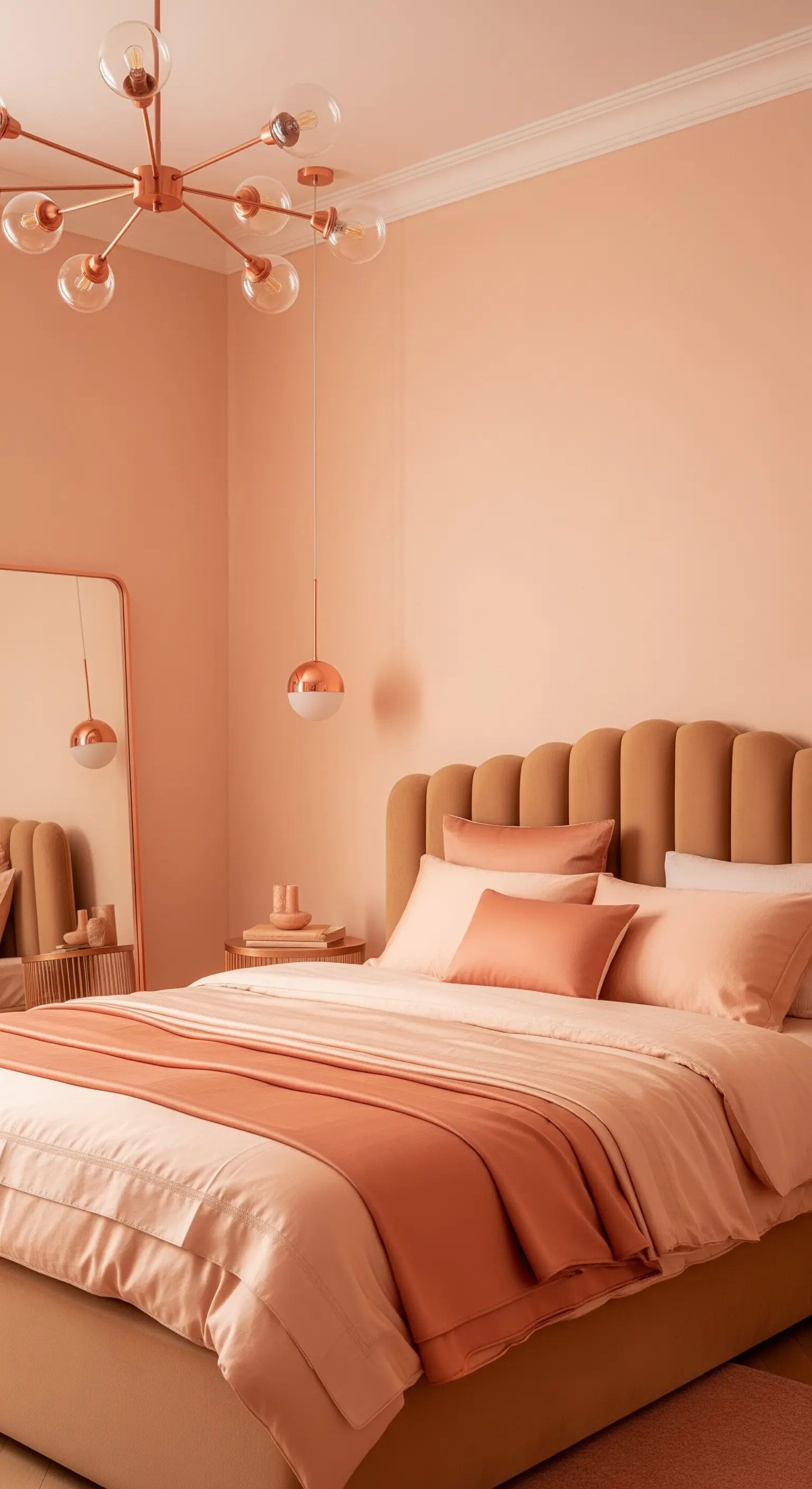 Camera da letto color pesca con testiera arrotondata e lampade in rame.