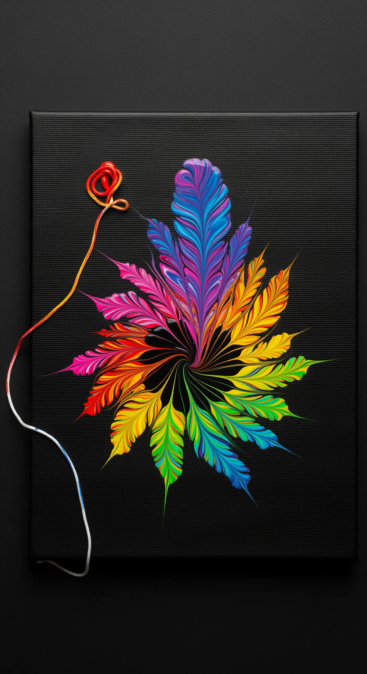 Tecnica di pittura 'string pull' che crea un motivo a forma di piuma colorata su tela nera.