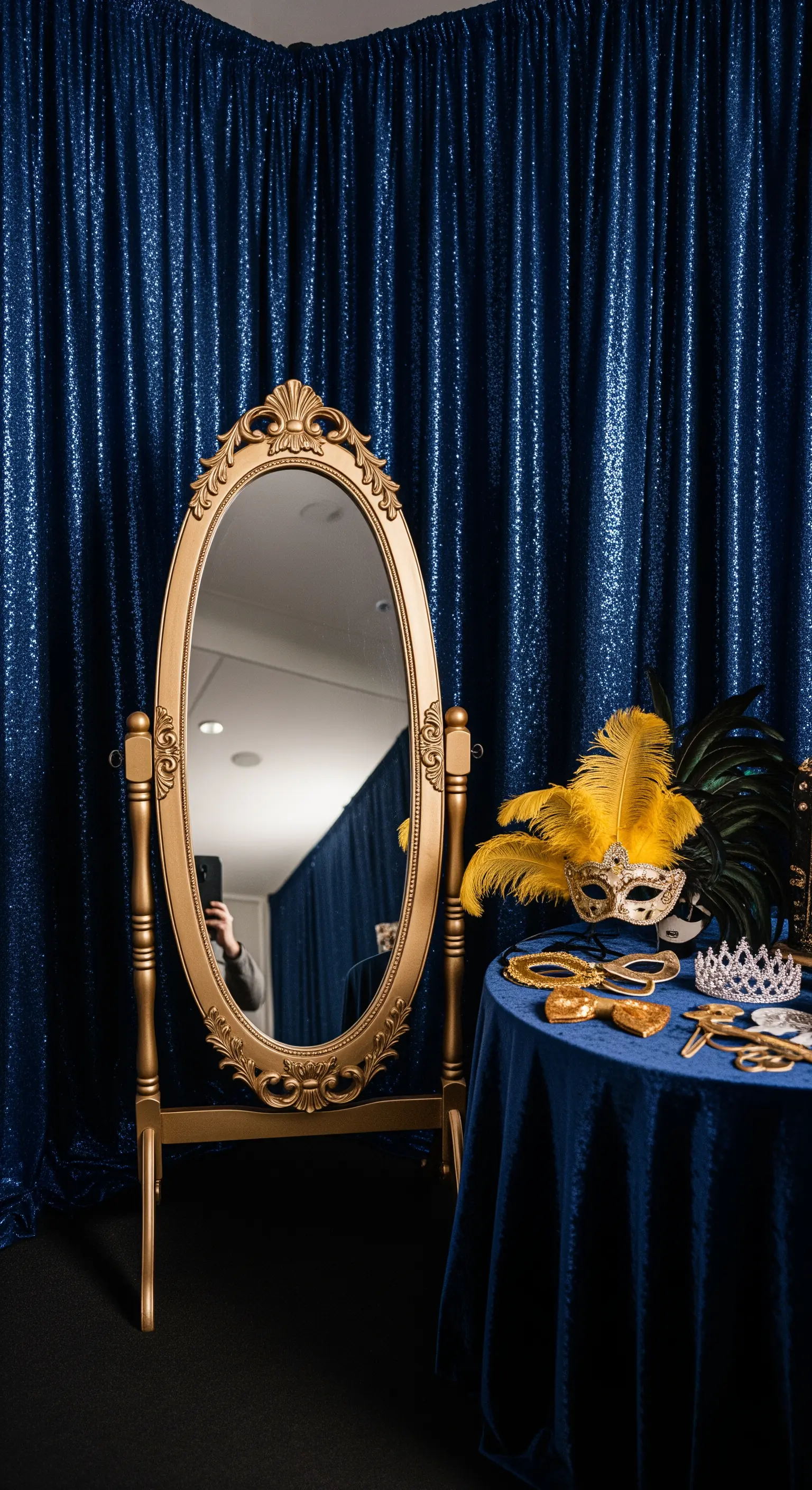 Angolo photo booth con fondale di paillettes blu, specchio dorato e maschere.