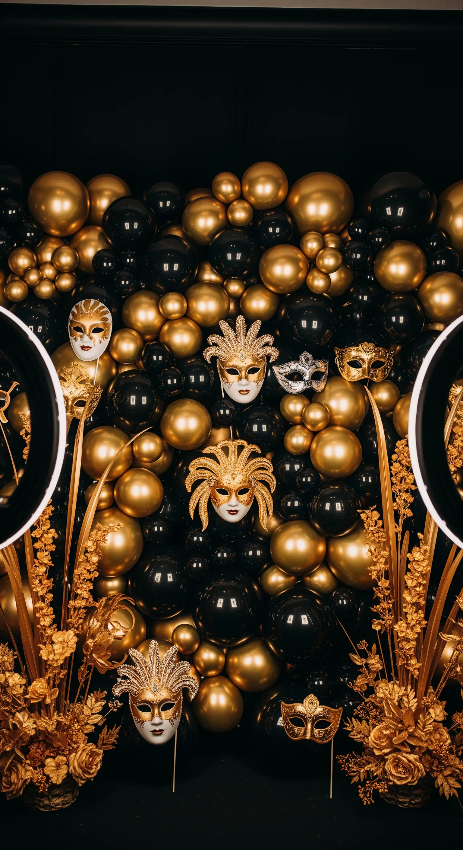 Parete di palloncini neri e oro con maschere veneziane per un photobooth a tema.