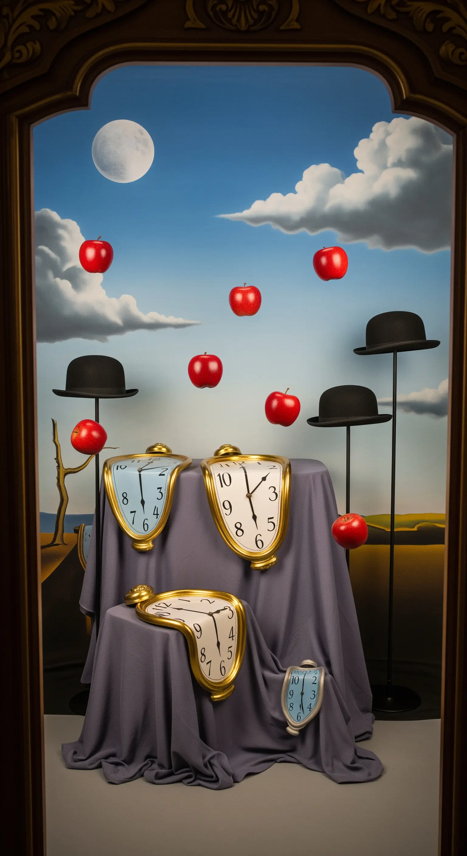 Allestimento per photobooth a tema surrealista con orologi sciolti, mele e bombette.
