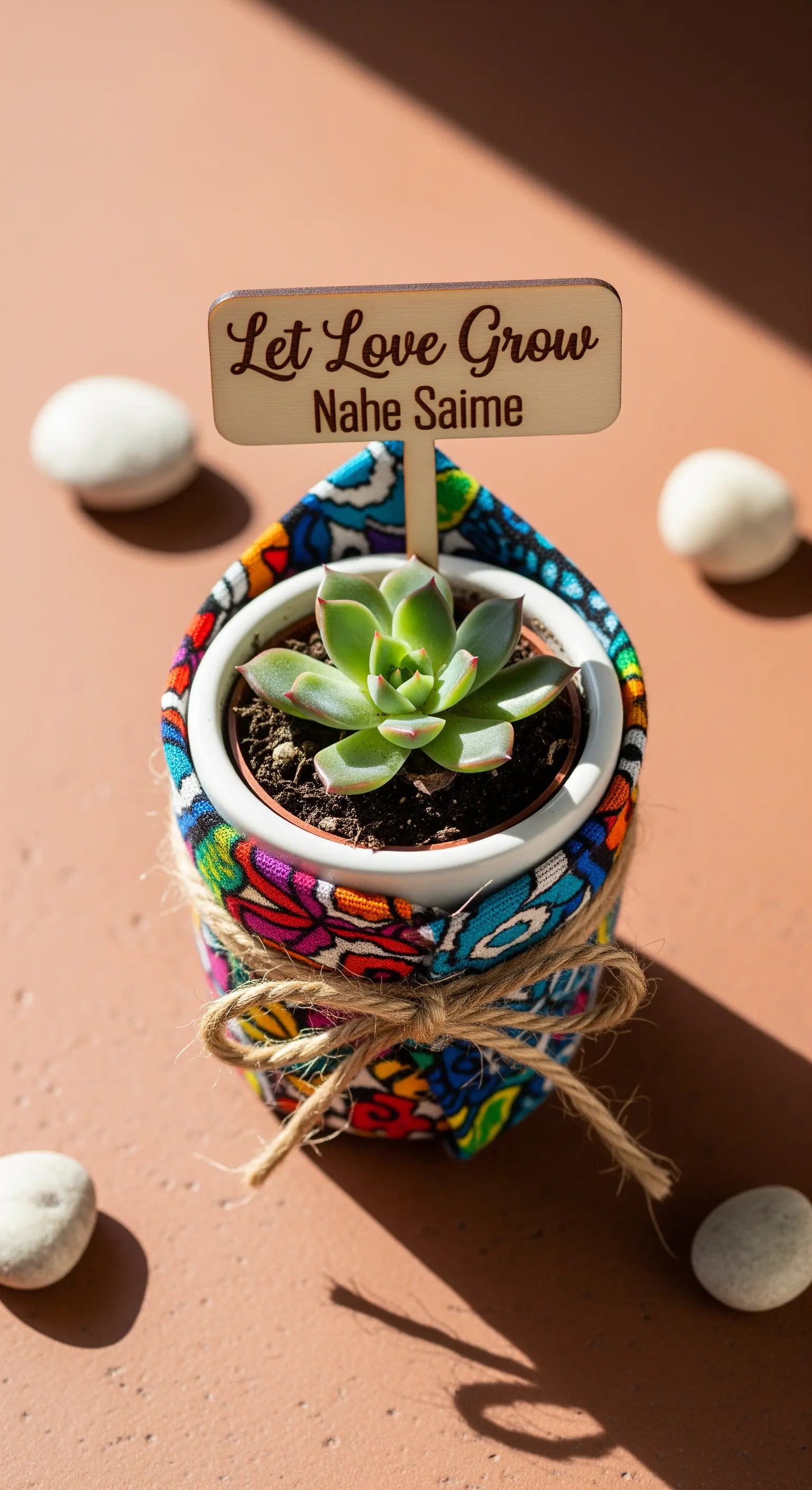 Piantina grassa in un vasetto decorato con un'etichetta in legno 