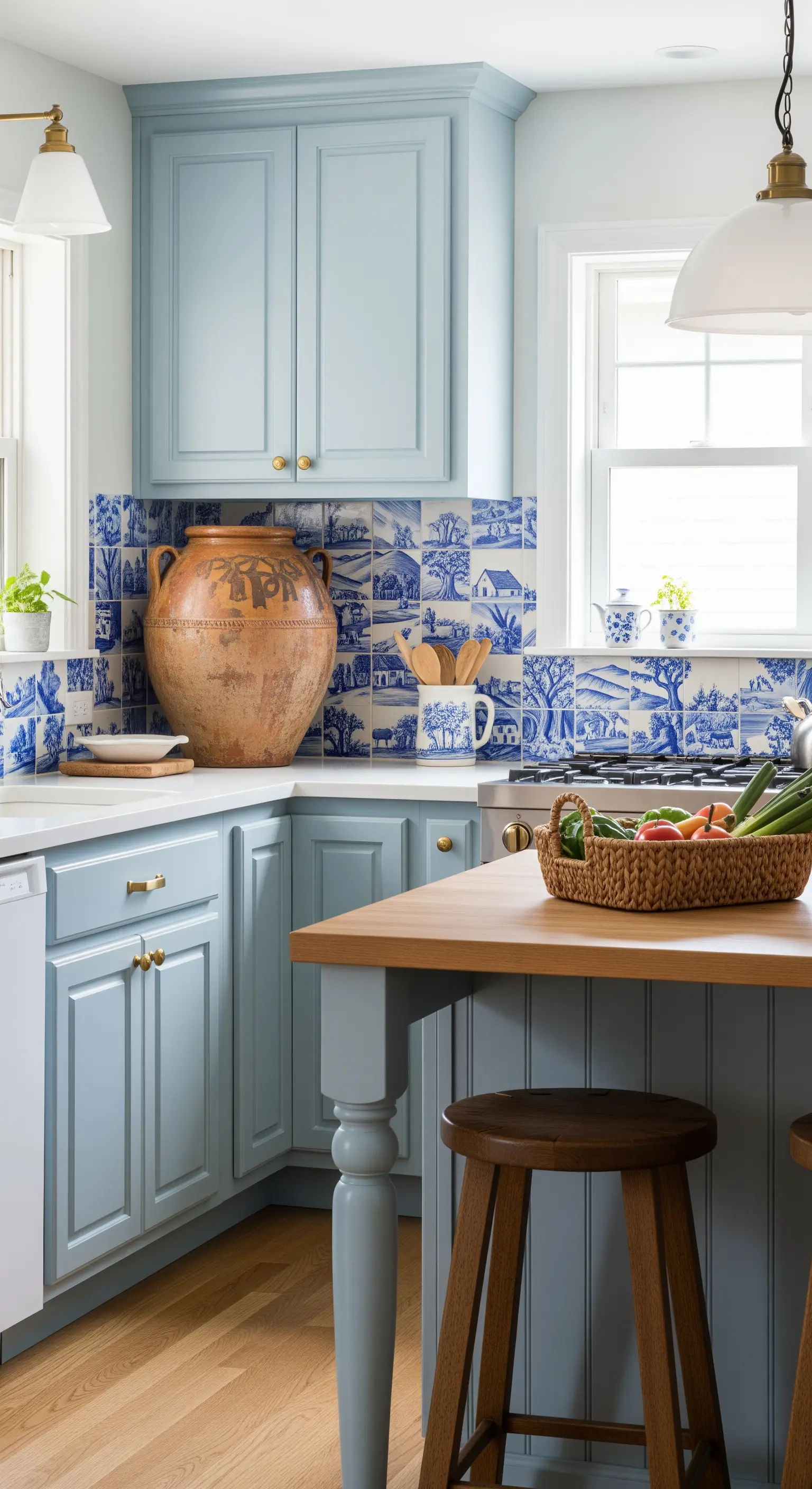 Cucina country con mobili azzurri e maioliche bianche e blu a tema paesaggistico.