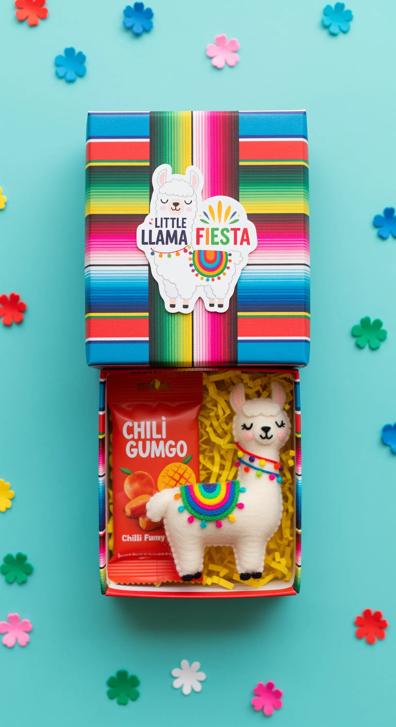 Regalino a tema festa messicana con scatola colorata, pupazzo di un lama e uno snack.