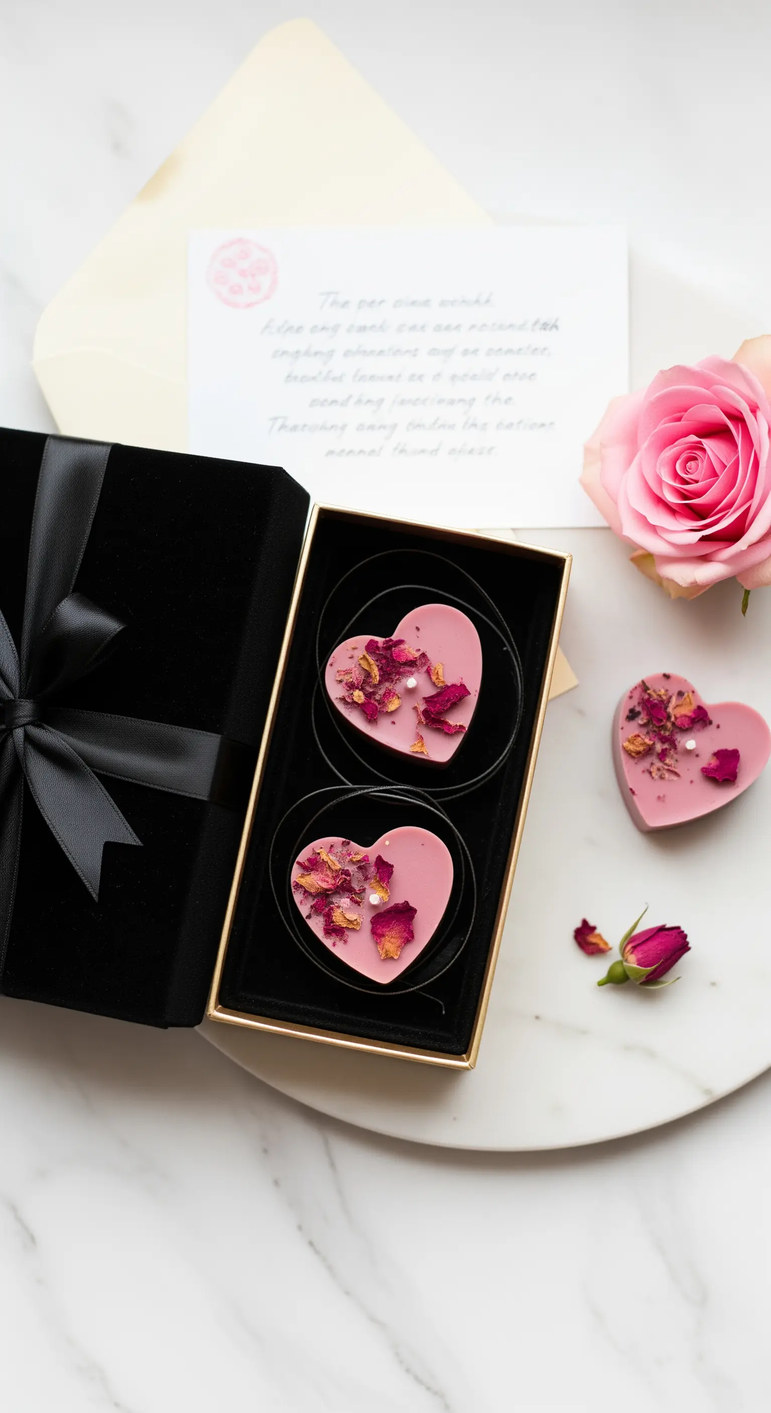 Scatola regalo nera con cere profumate a forma di cuore rosa e petali di rosa essiccati.