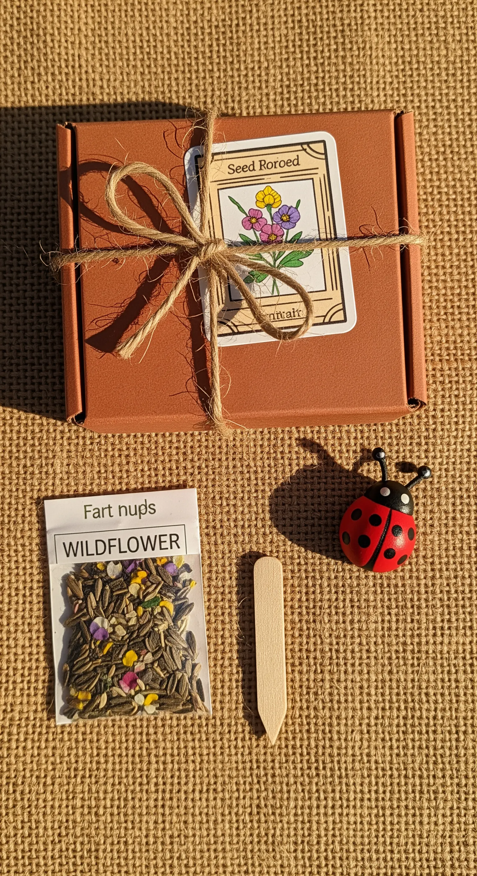 Kit da giardinaggio per bambini con semi di fiori, etichetta in legno e coccinella.