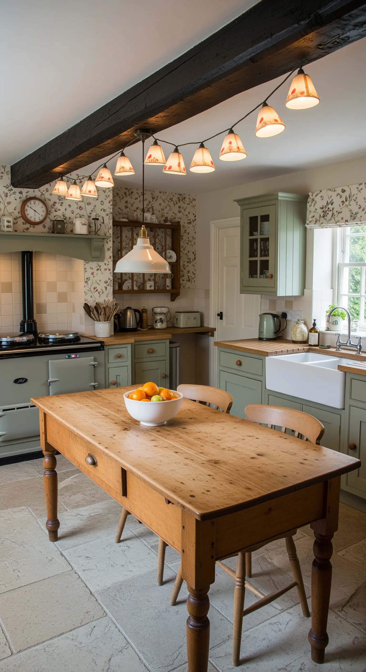 Cucina in stile country con una stringa di luci dotate di piccoli paralumi a fantasia floreale.