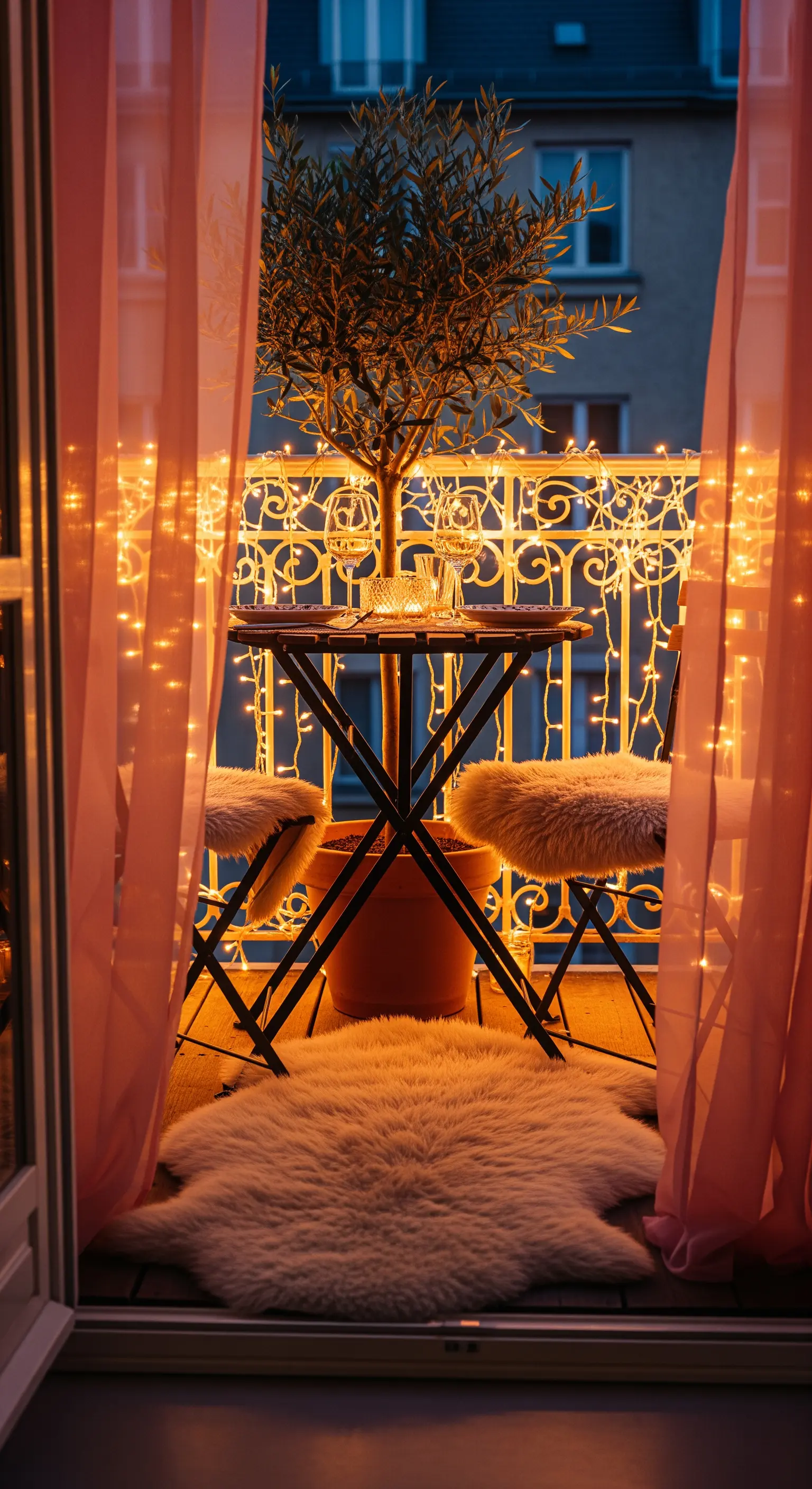 Balcone piccolo e accogliente con tavolo bistrò, pelli di pecora e lucine.