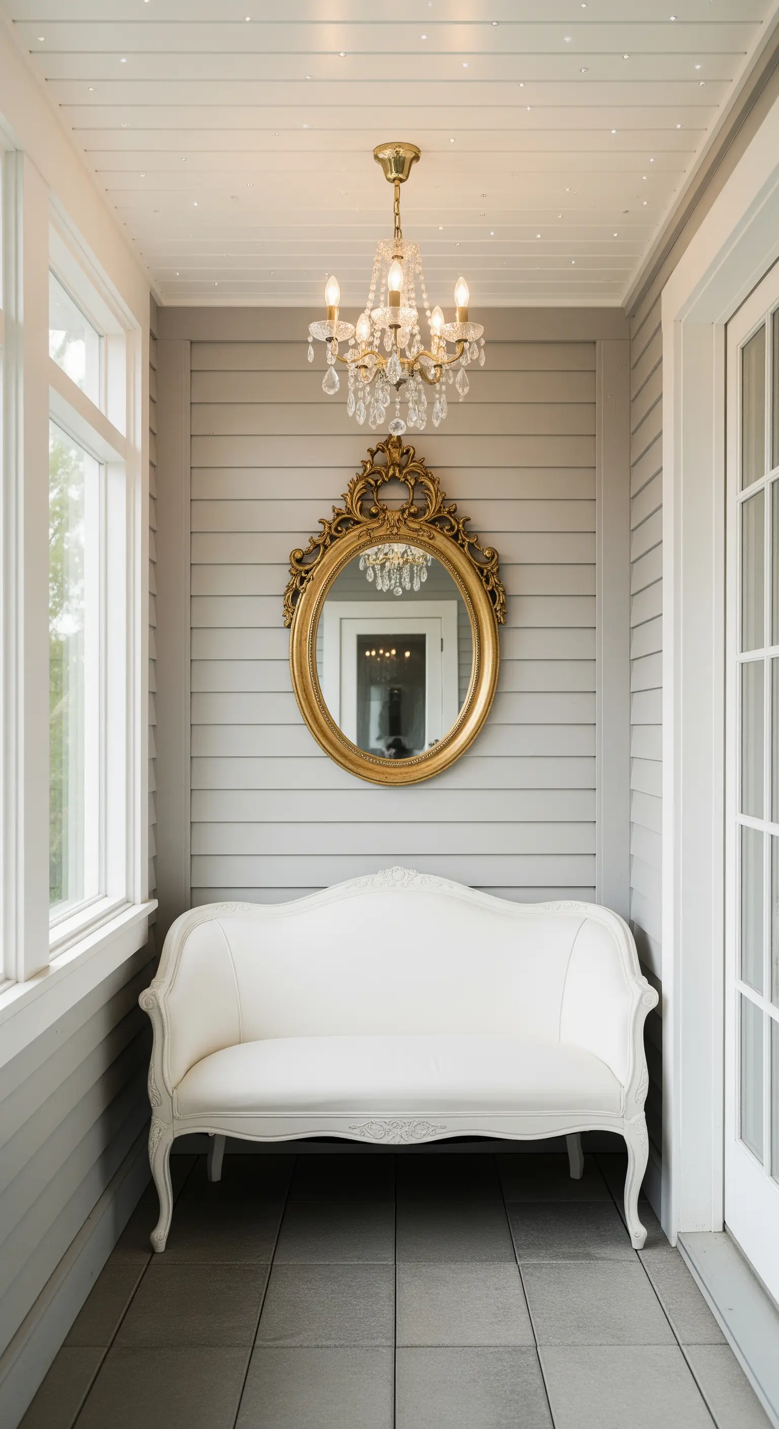 Piccolo portico grigio con divanetto bianco, specchio dorato ovale e un piccolo lampadario di cristallo