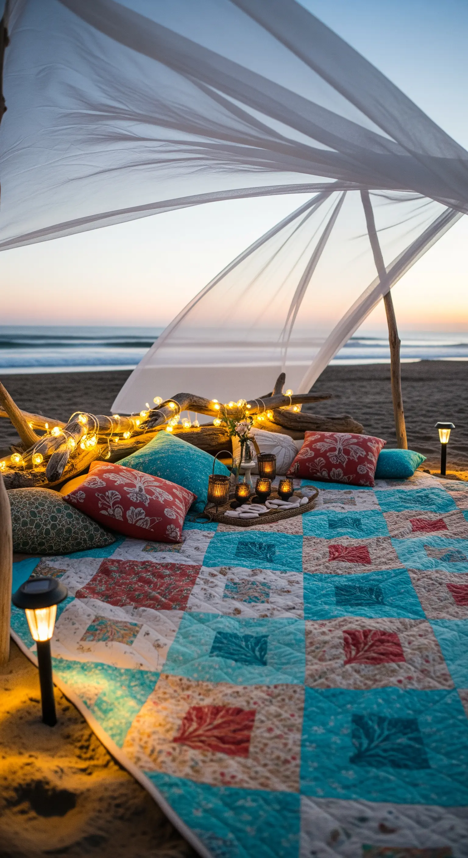 Allestimento bohémien sulla spiaggia con un telo, tappeto patchwork, cuscini e lucine.