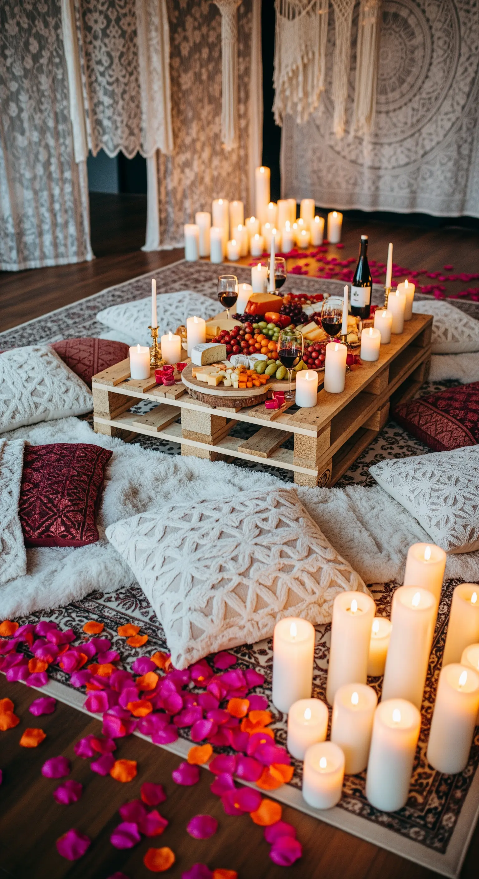 Picnic romantico a terra con pallet, cuscini, tappeti, candele e petali fucsia.