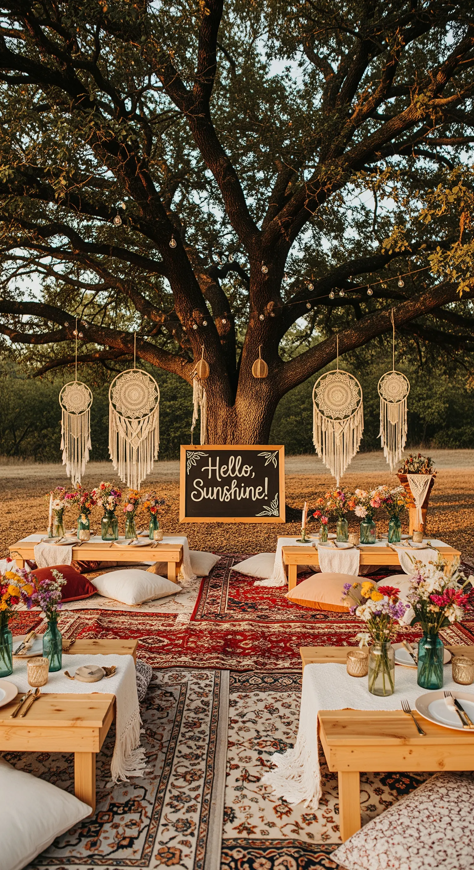 Allestimento per picnic bohémien con tappeti, cuscini, tavoli bassi e acchiappasogni.