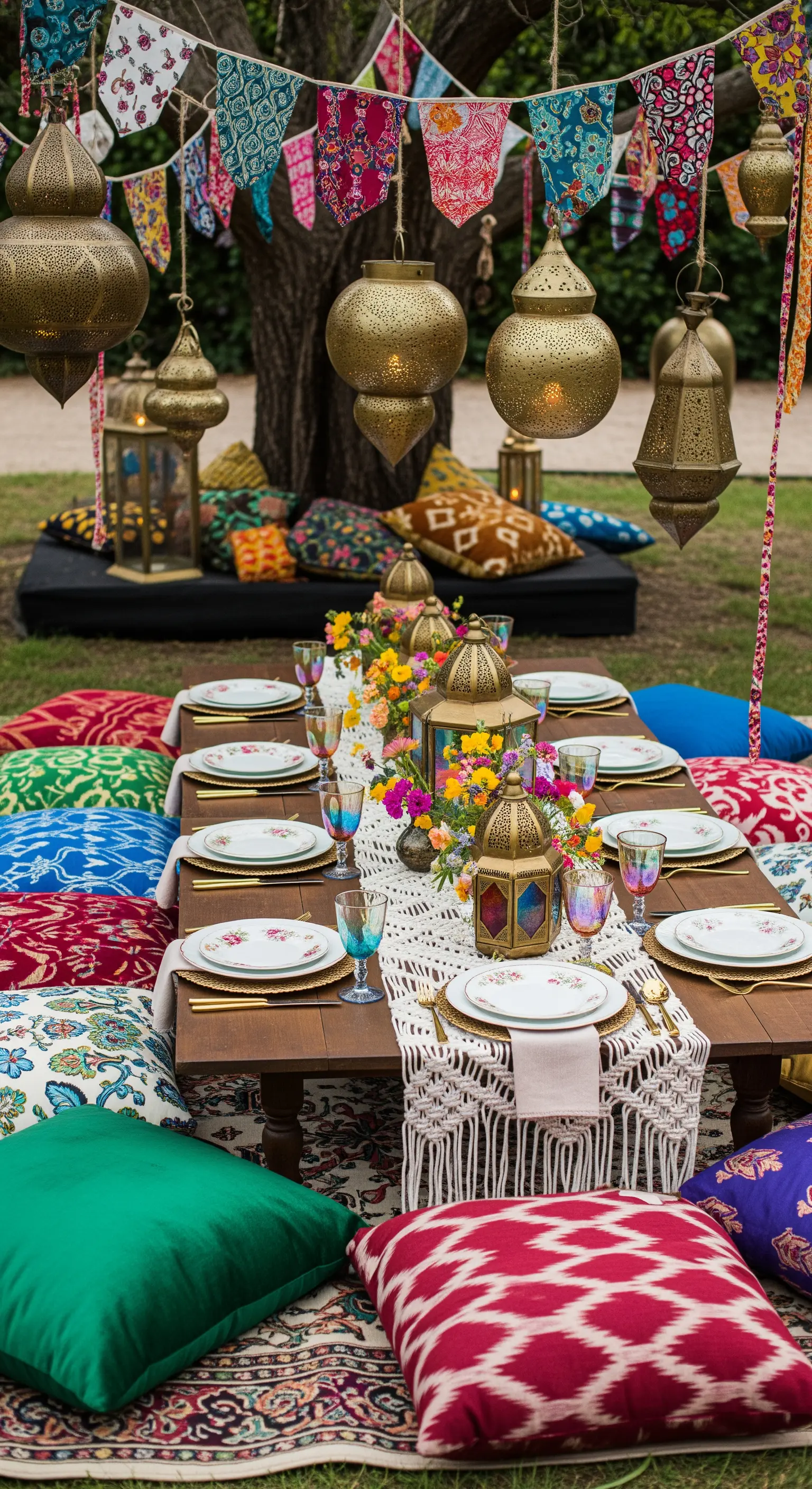 Allestimento per un picnic bohémien con cuscini colorati e lanterne marocchine.