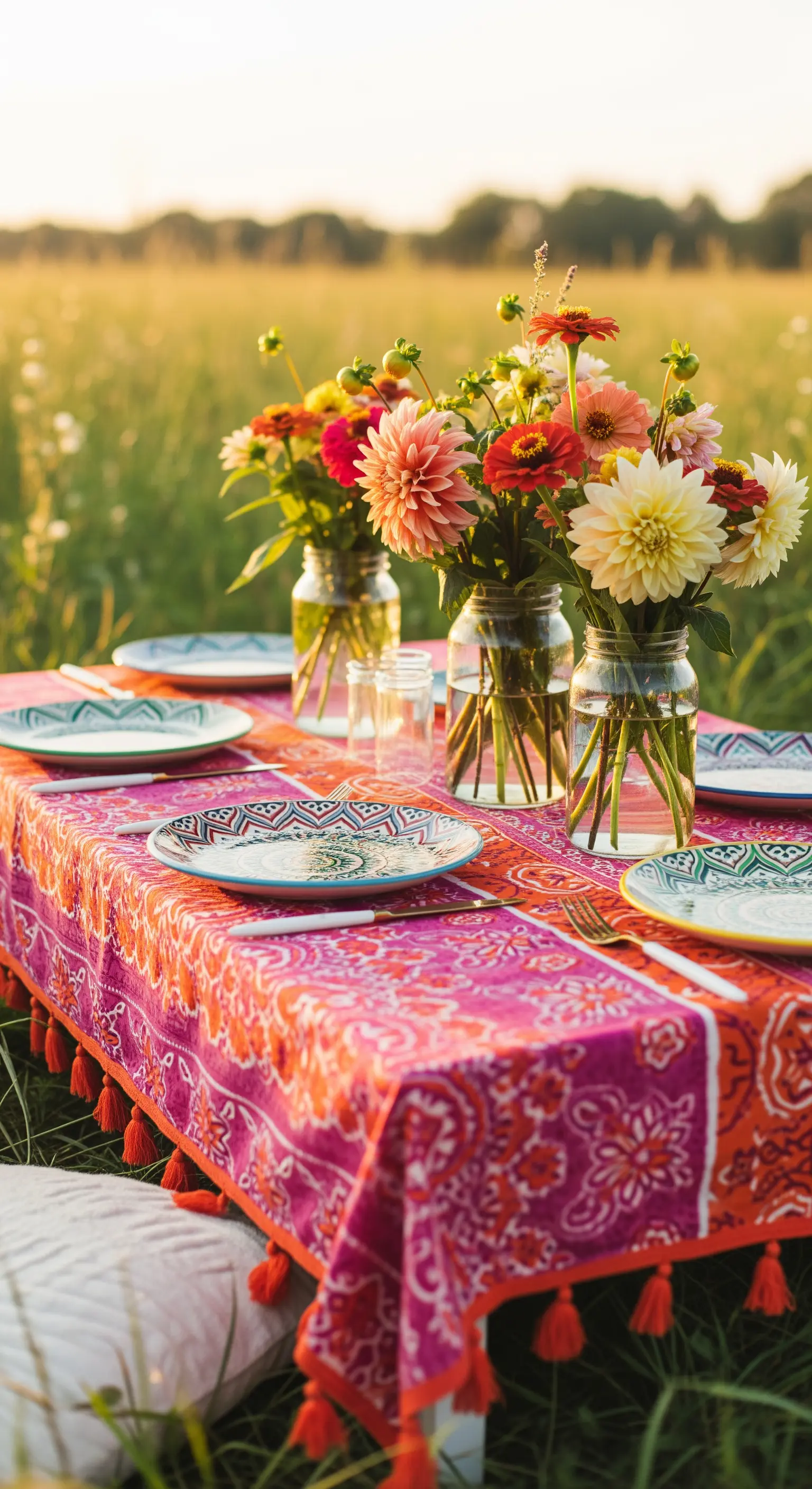 Tavola da picnic in un prato con tovaglia etnica rosa, piatti decorati e fiori di campo in barattoli.