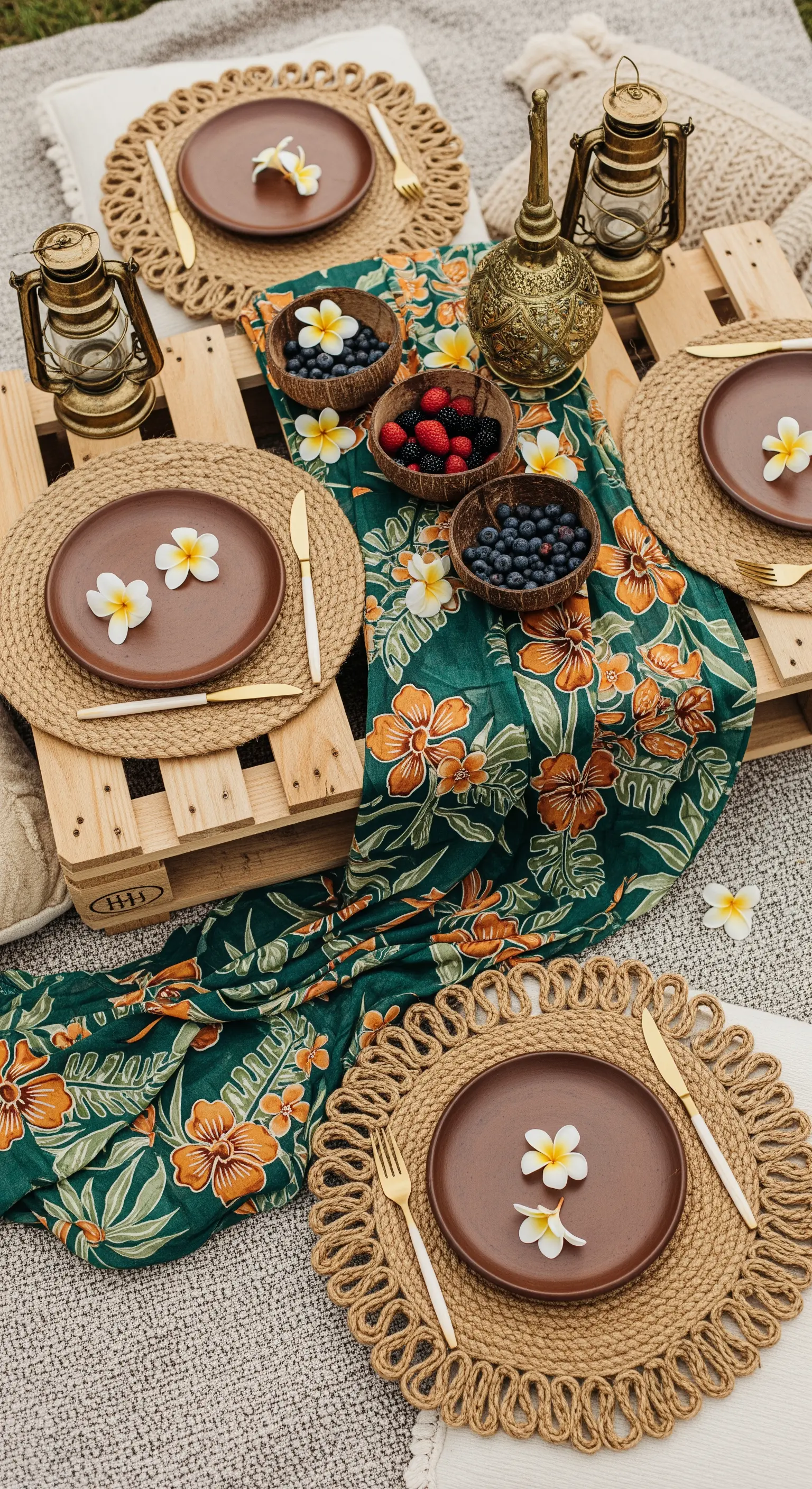 Allestimento picnic boho con runner floreale scuro, piatti in terracotta e lanterne.