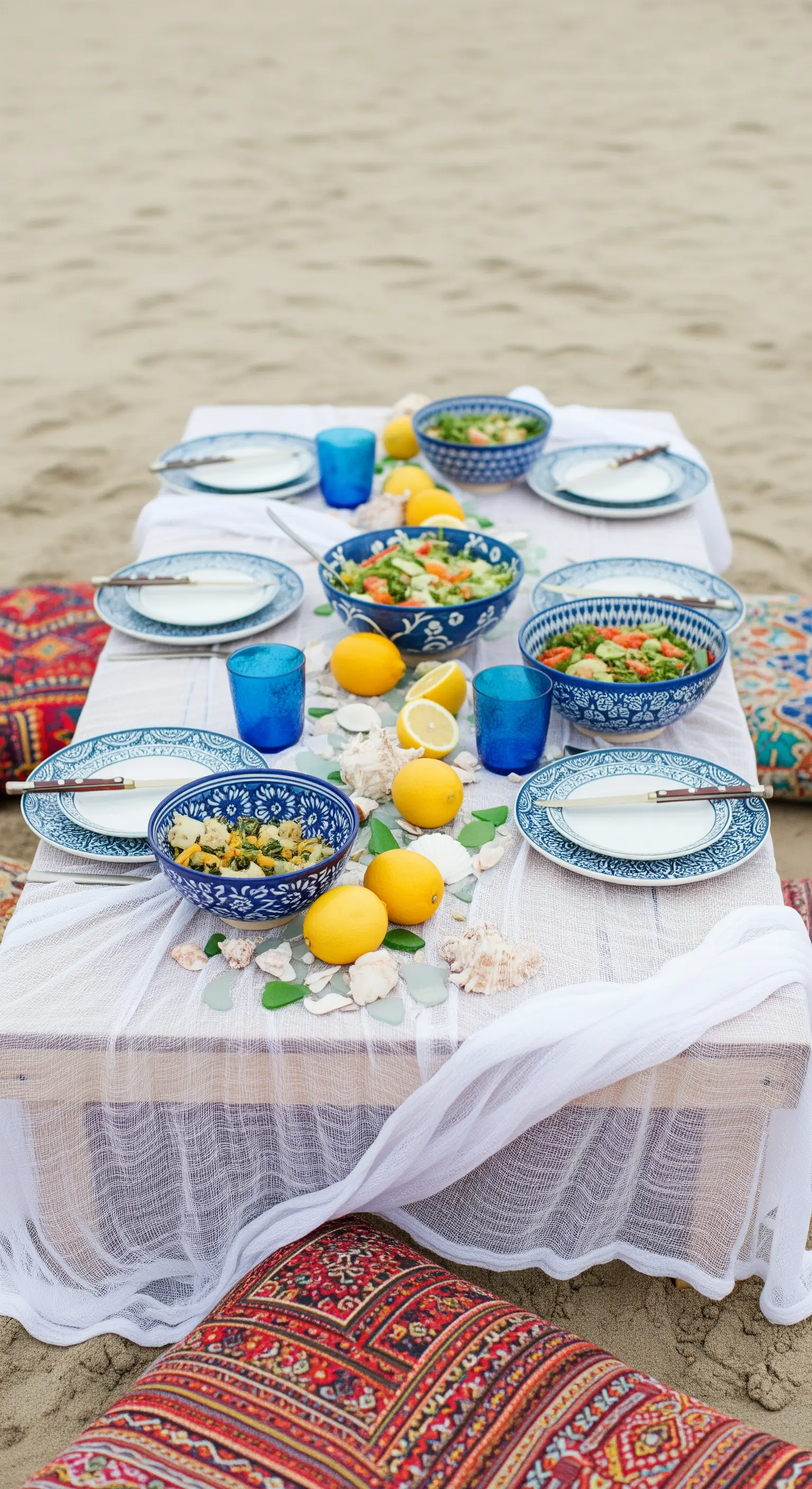 Tavola da picnic sulla spiaggia con cuscini etnici, ceramiche blu e conchiglie.