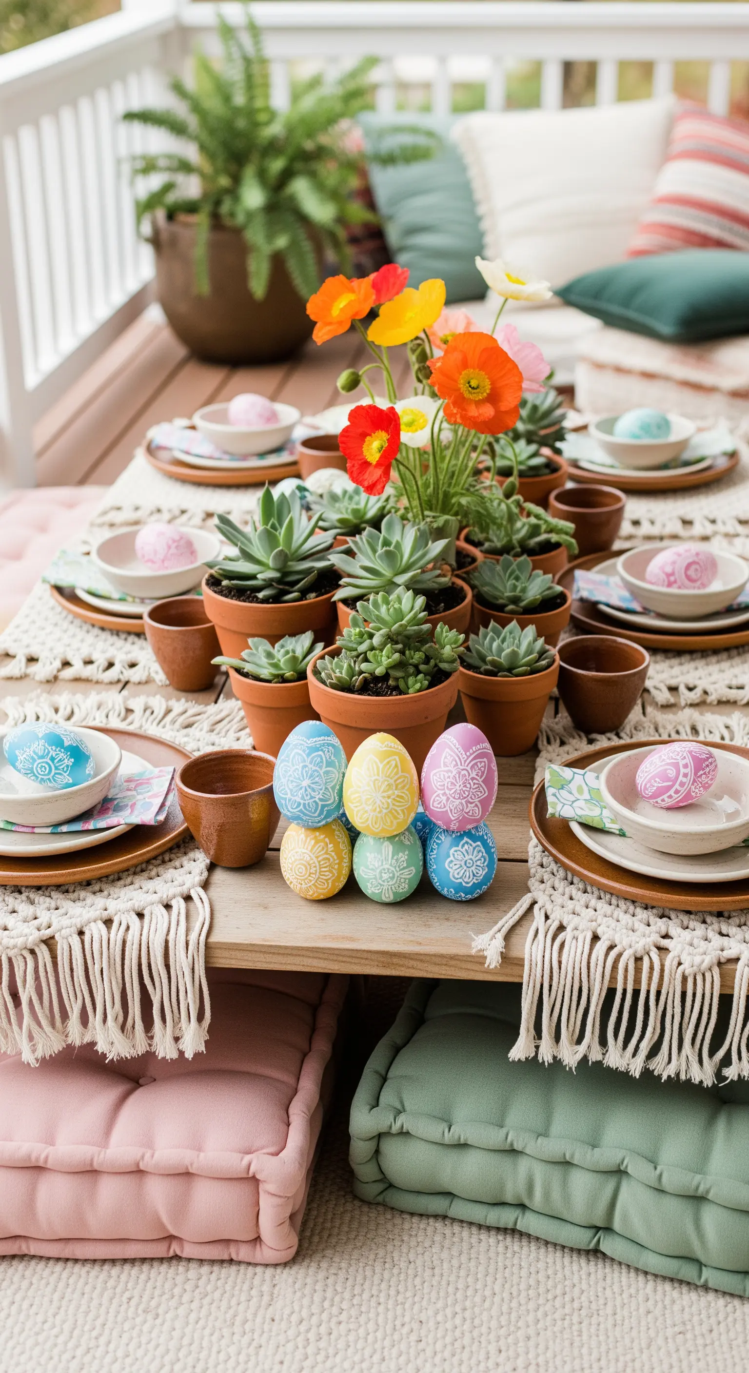 Allestimento pasquale basso con cuscini, piante grasse e uova decorate in stile boho.