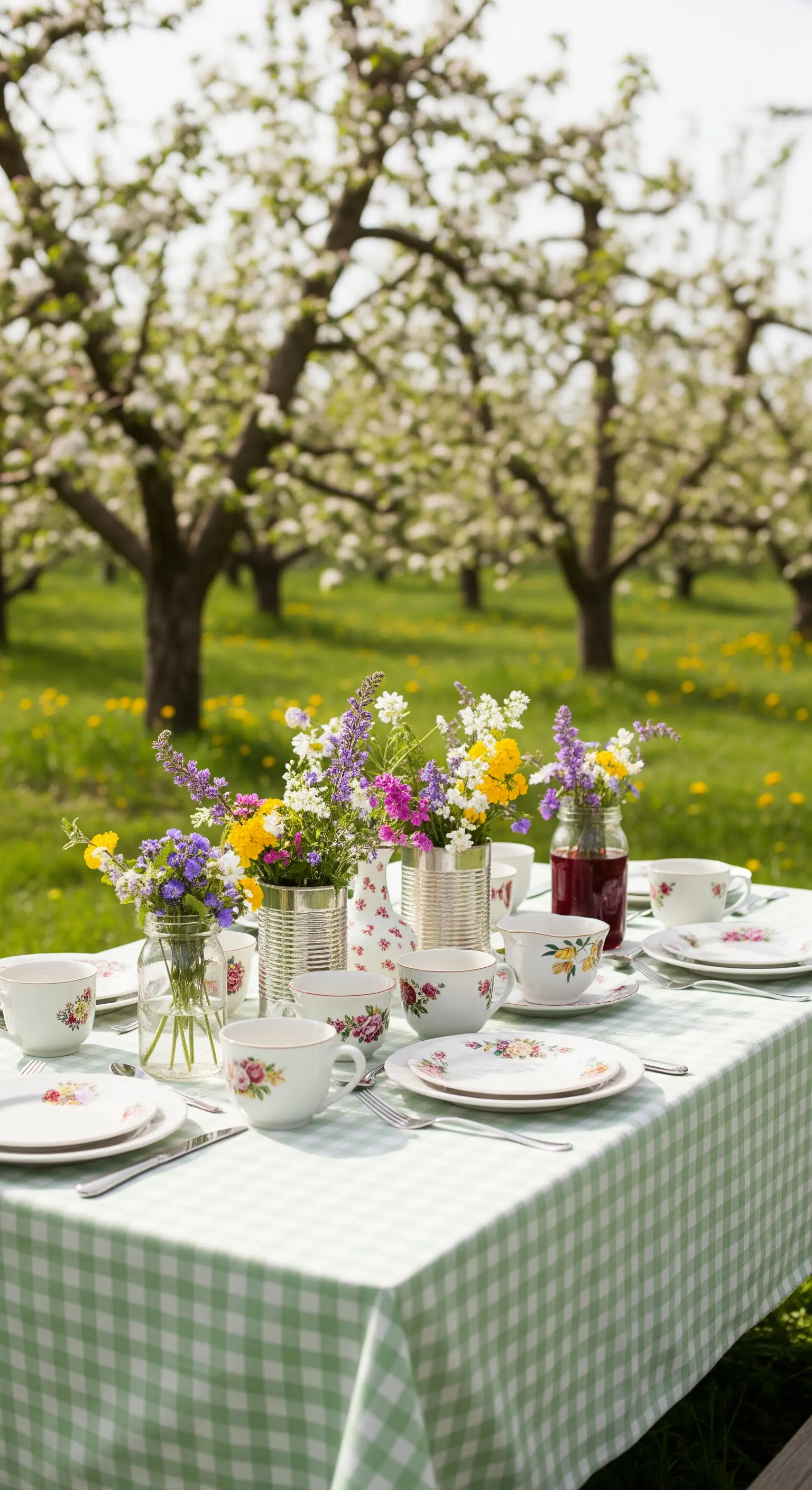 Tavola con tovaglia a quadri verdi e bianchi in un frutteto, con fiori in barattoli di latta