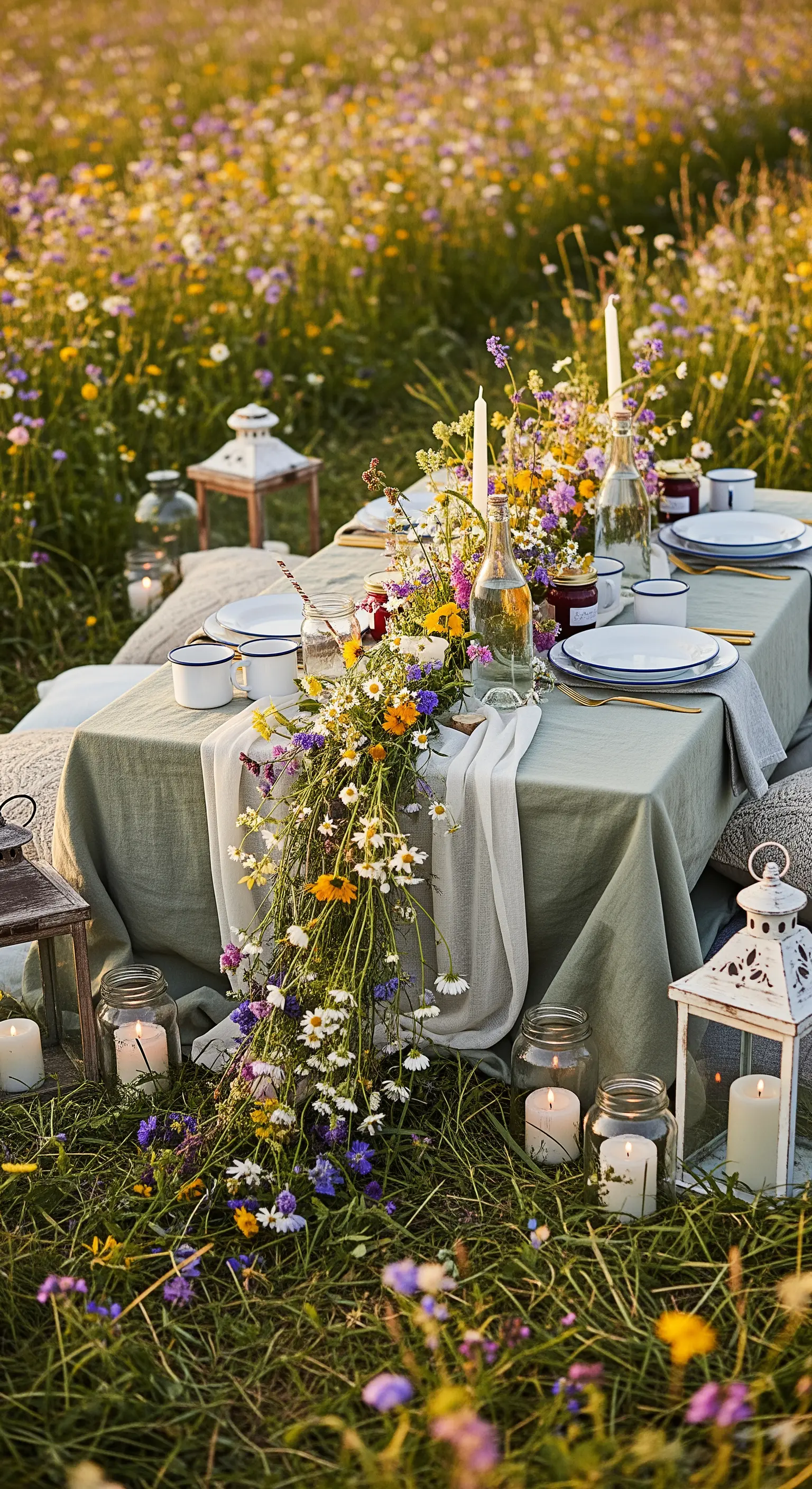 Tavola da picnic in un prato, con un runner lussureggiante di fiori di campo.