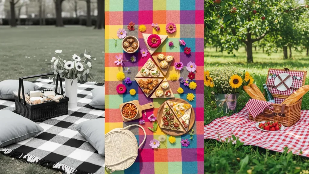 Picnic chic con coperte a quadri, fiori di campo colorati e cestini in vimini in un allestimento primaverile.