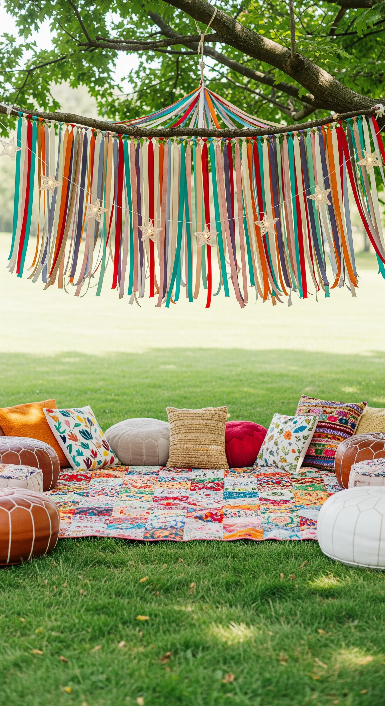Picnic sull'erba con un backdrop di nastri colorati, un tappeto patchwork e cuscini.