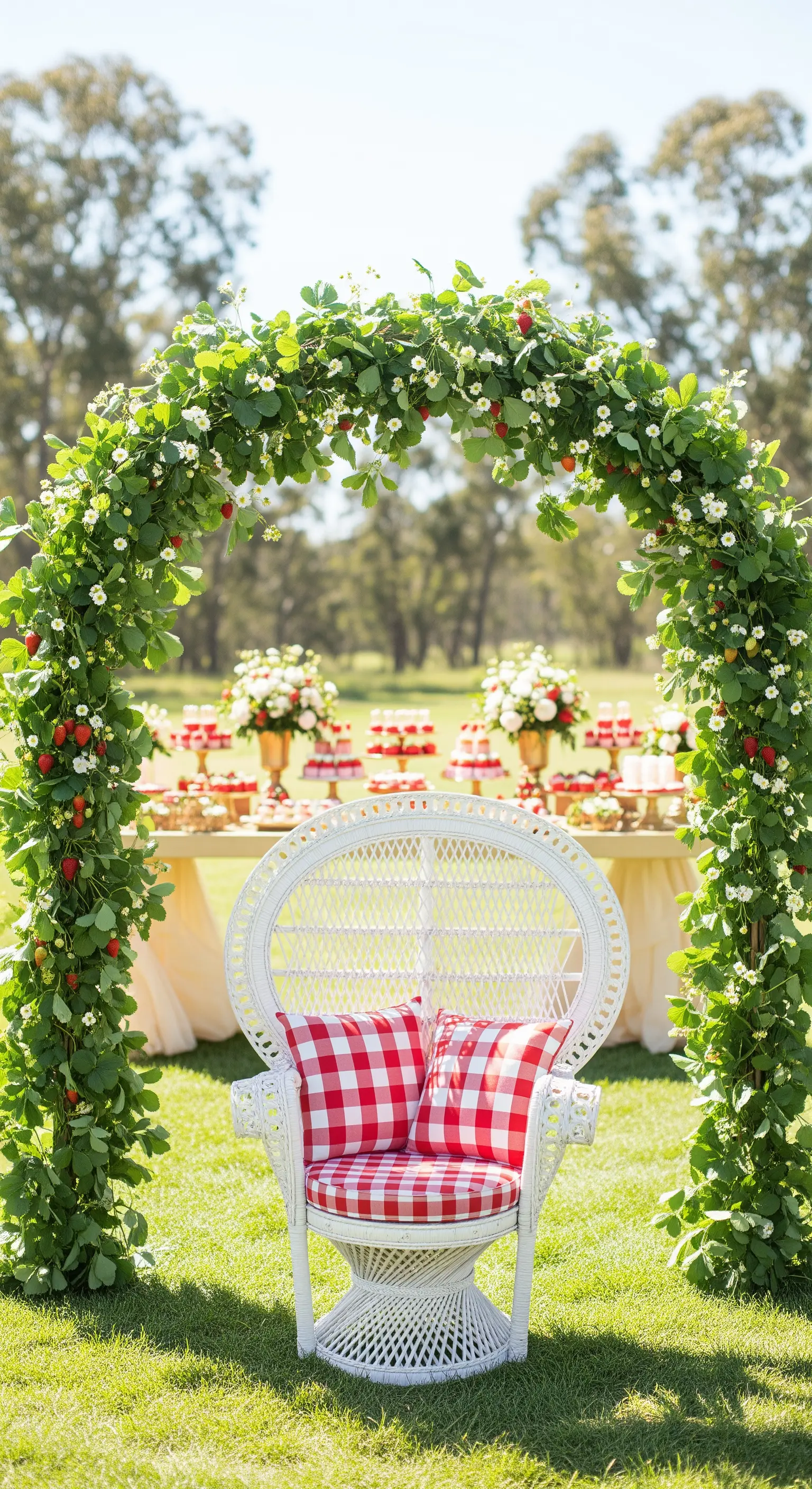 Sedia bianca in vimini sotto un arco di piante di fragole, per un picnic.