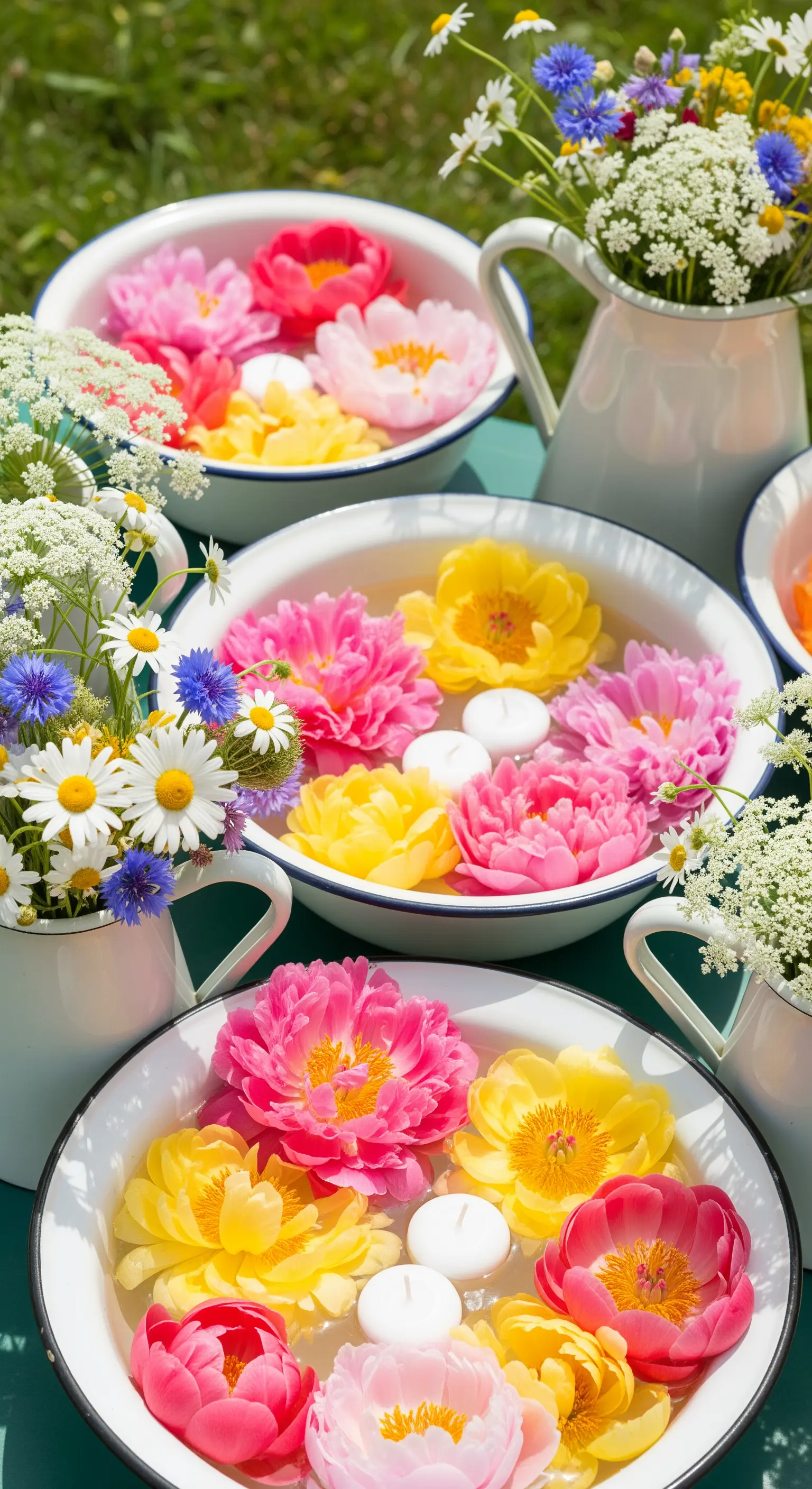 Ciotole e brocche smaltate bianche con peonie colorate e fiori di campo per un picnic.