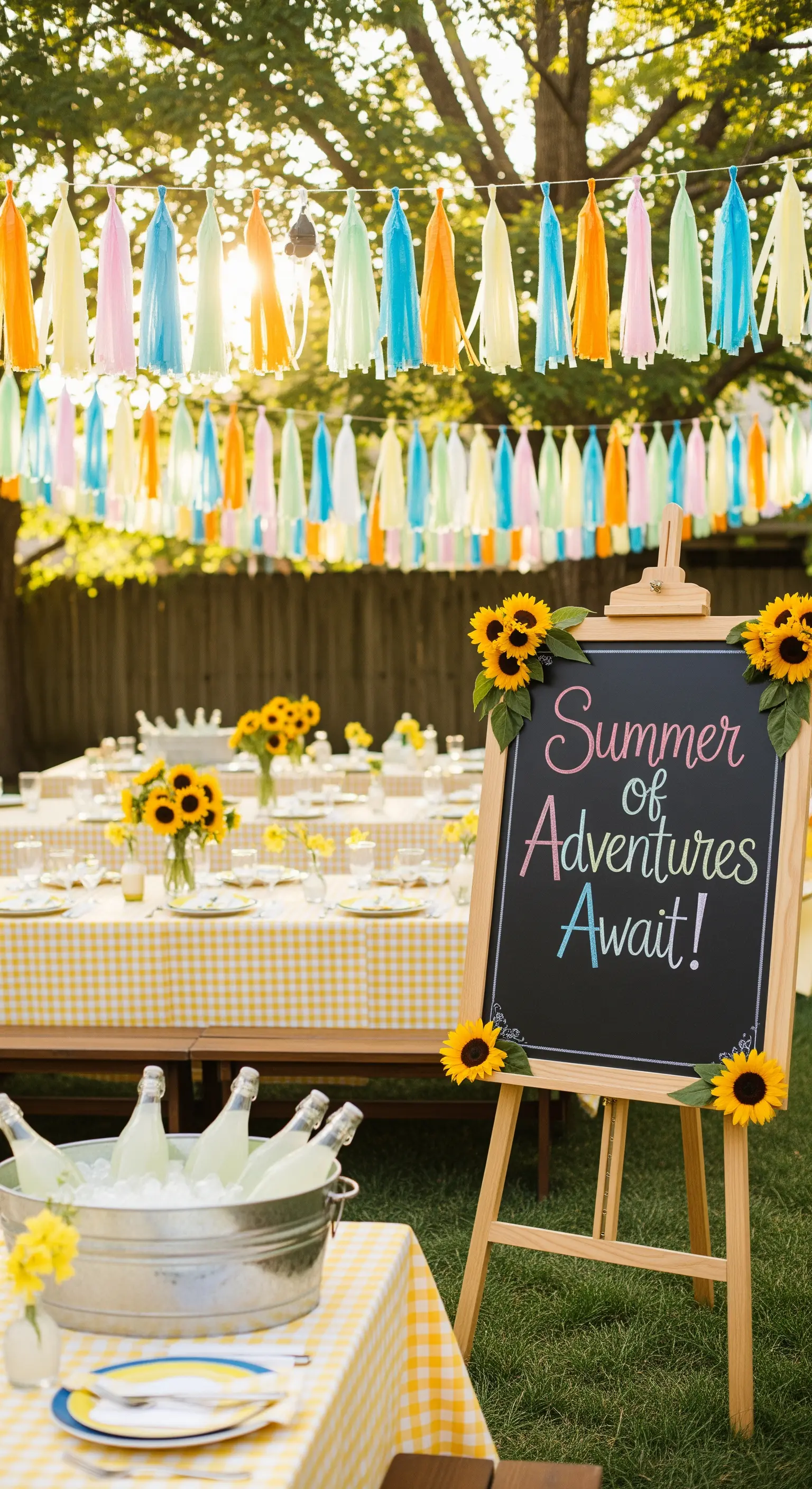 Allestimento per festa in giardino con tovaglia a quadretti, girasoli e lavagna di benvenuto.