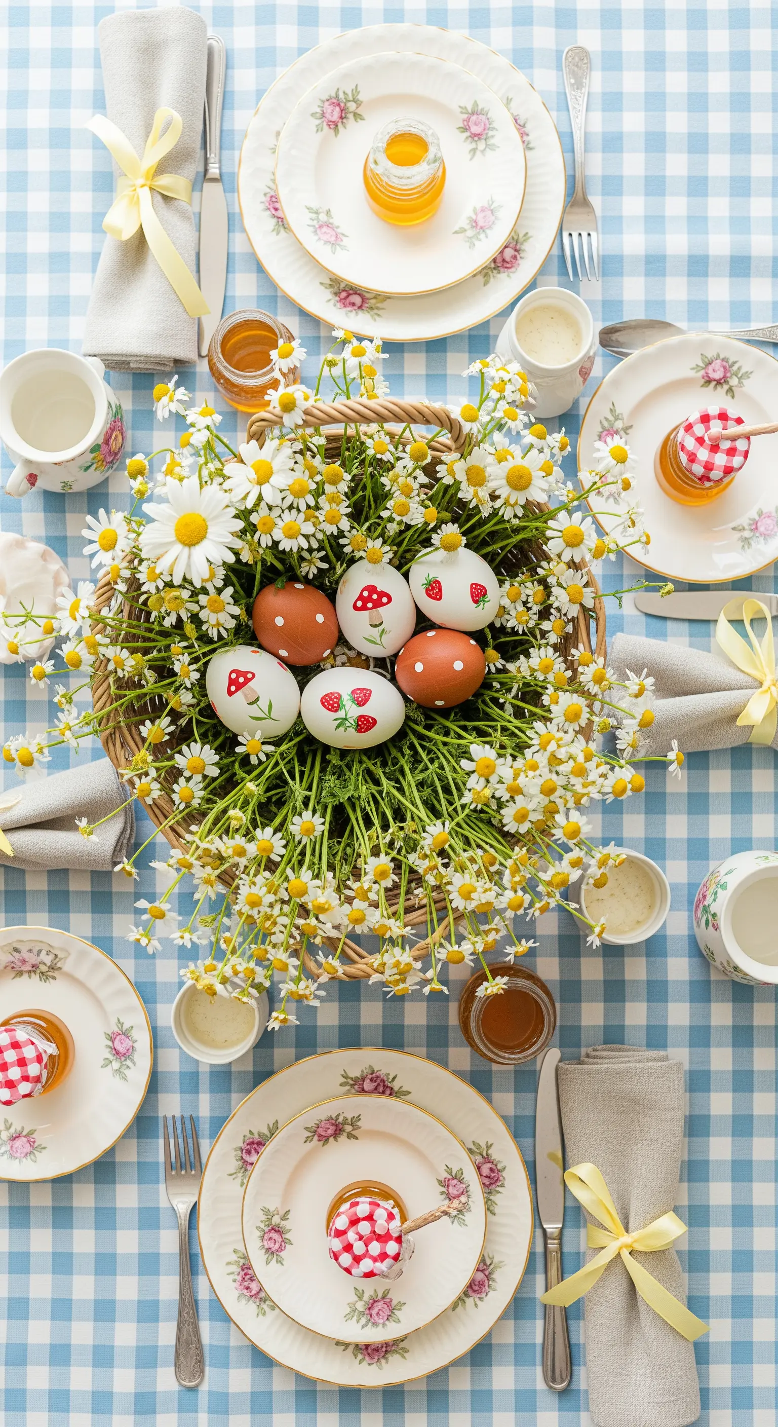 Tavola di Pasqua in stile picnic con tovaglia a quadretti, cesto di margherite e uova dipinte.