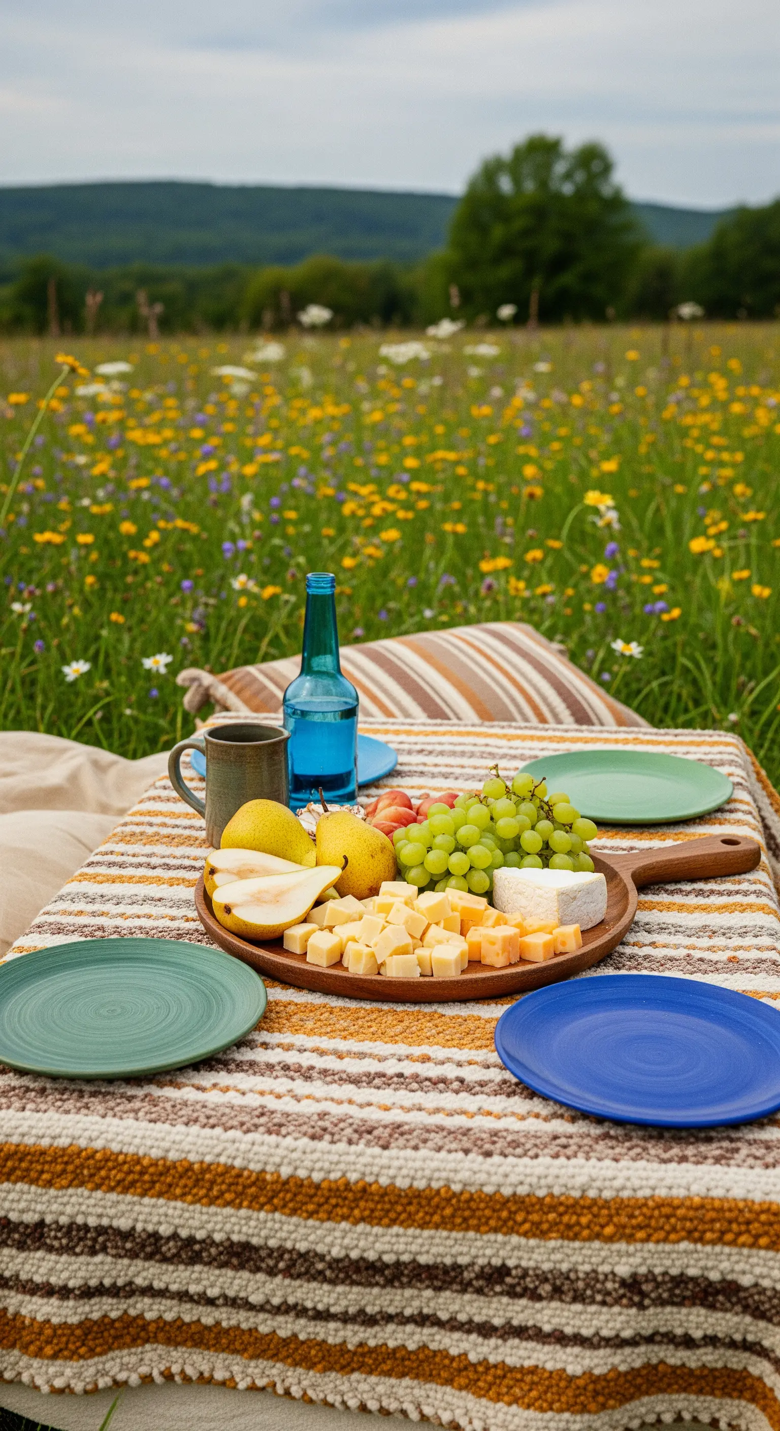 Allestimento per picnic con coperta a righe, piatti colorati e un tagliere di formaggi e frutta.