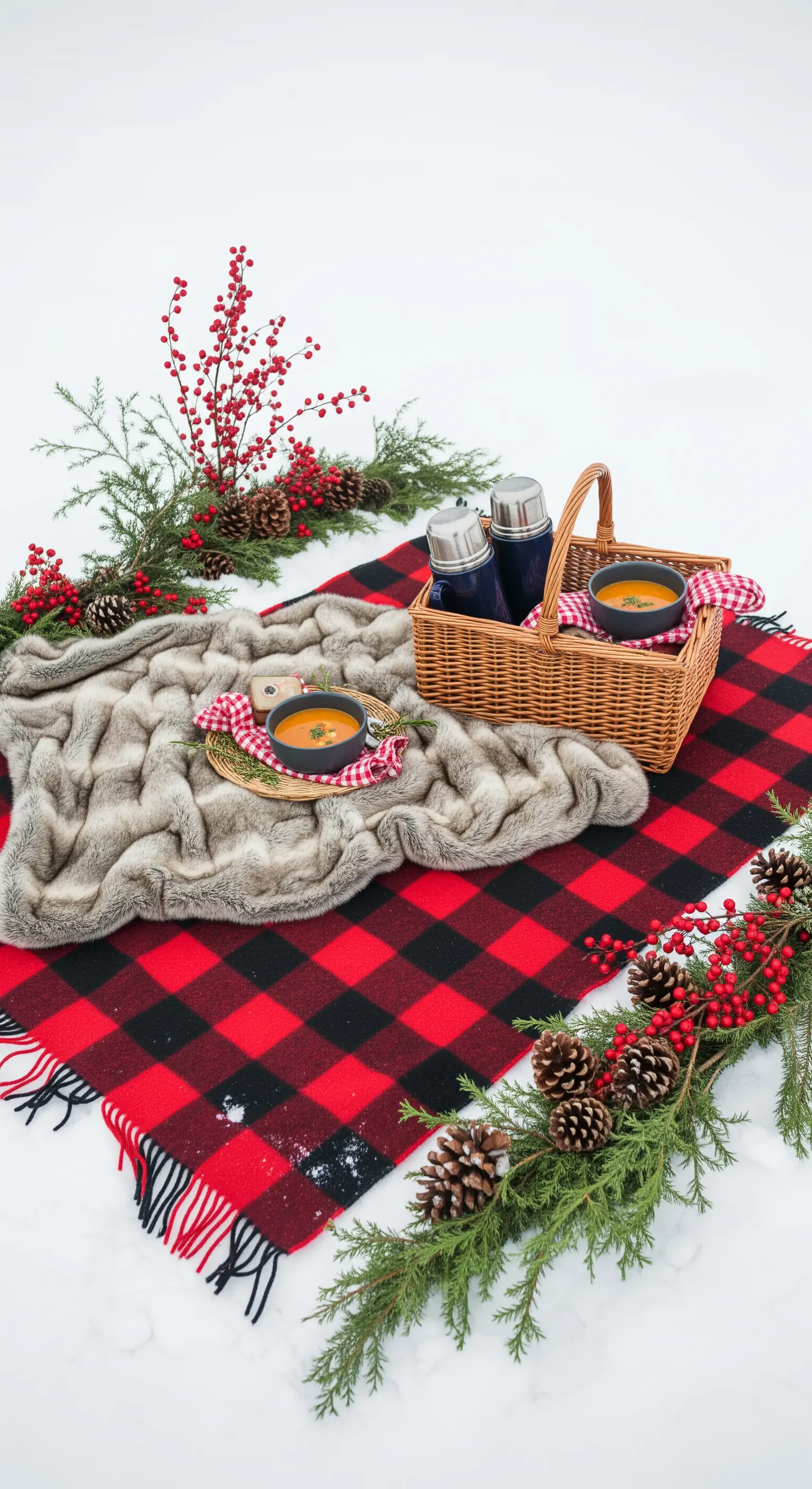 Picnic invernale sulla neve con coperta a quadri rossa e nera e zuppa calda