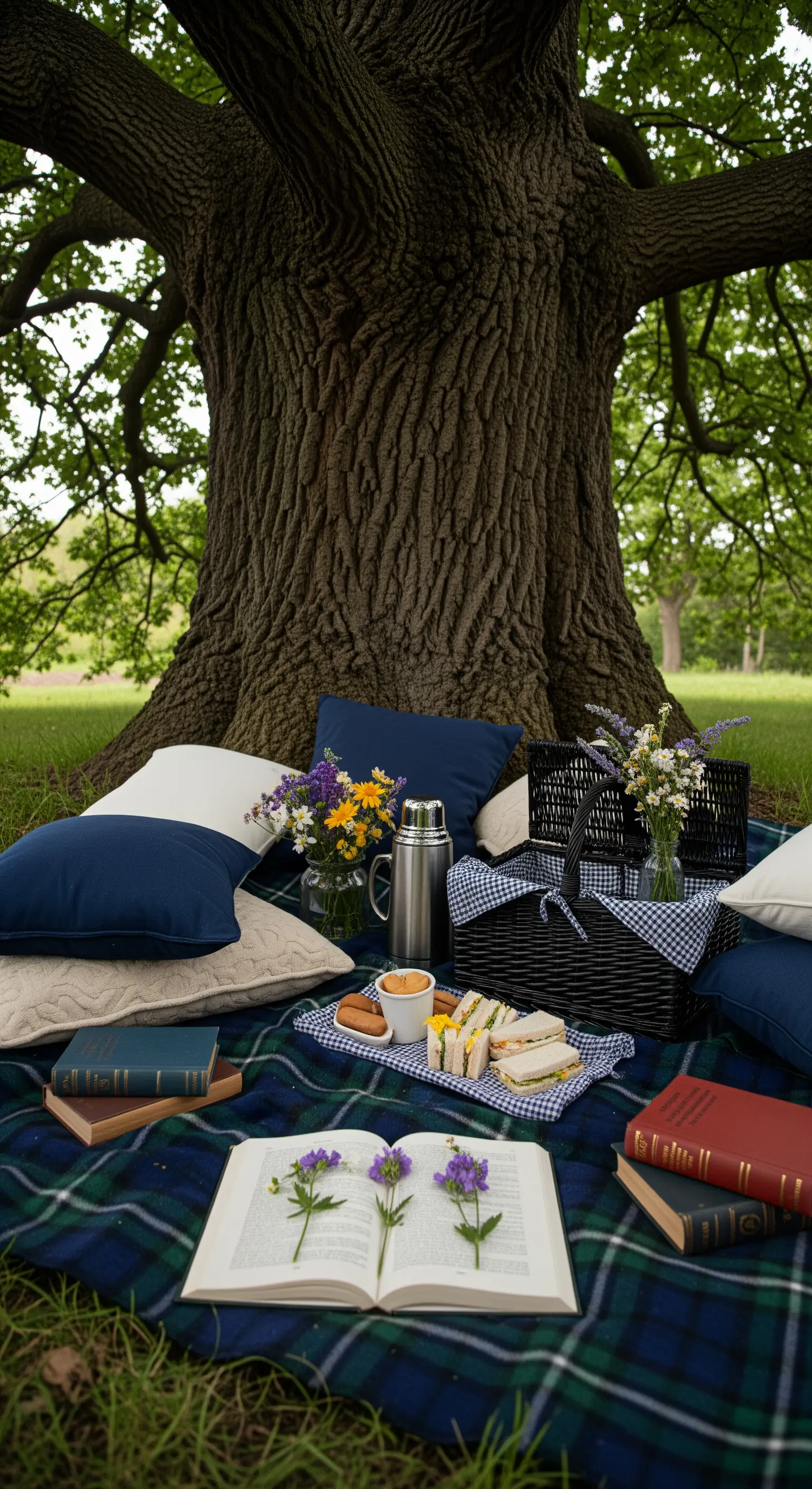 Allestimento picnic a tema lettura con coperta in tartan, libri e cuscini blu navy