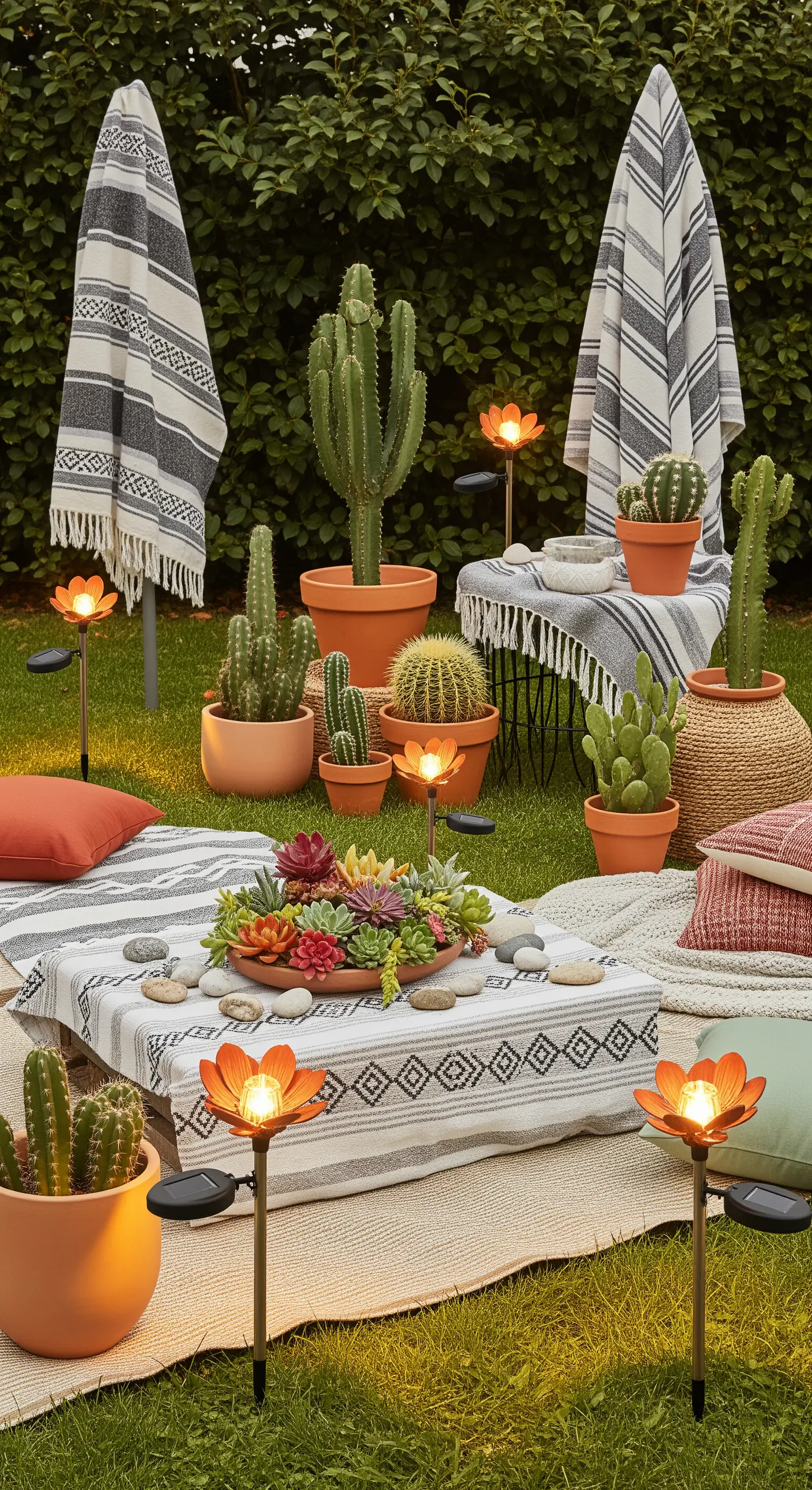 Allestimento da picnic in giardino con cactus, tessuti etnici e piccole luci solari.