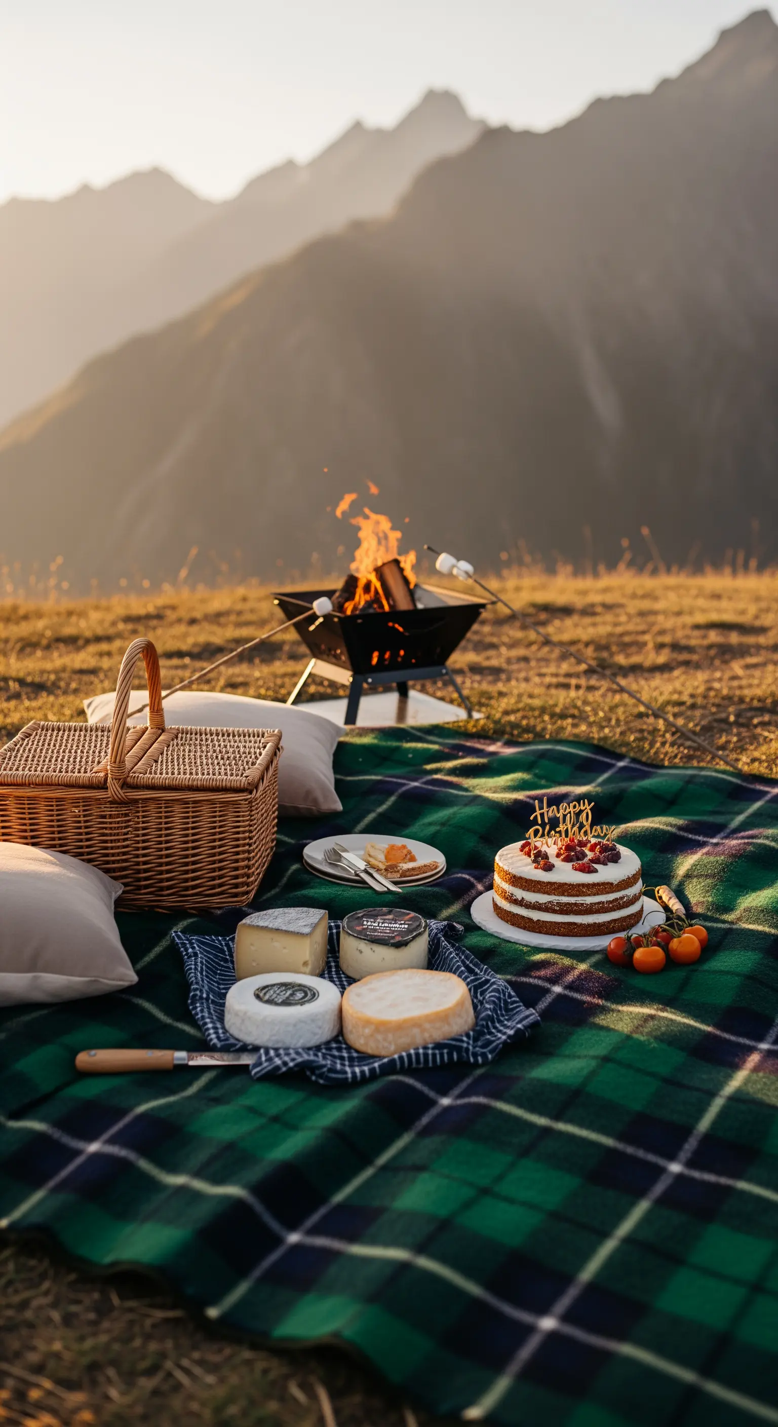 Picnic in montagna con torta di compleanno, formaggi e un piccolo braciere acceso.