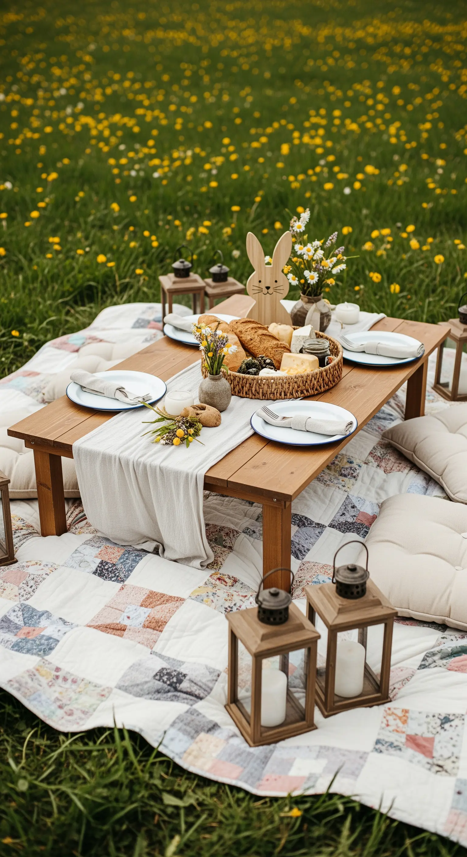 Allestimento per un picnic pasquale in un prato con coperta patchwork, tavolo basso e lanterne.