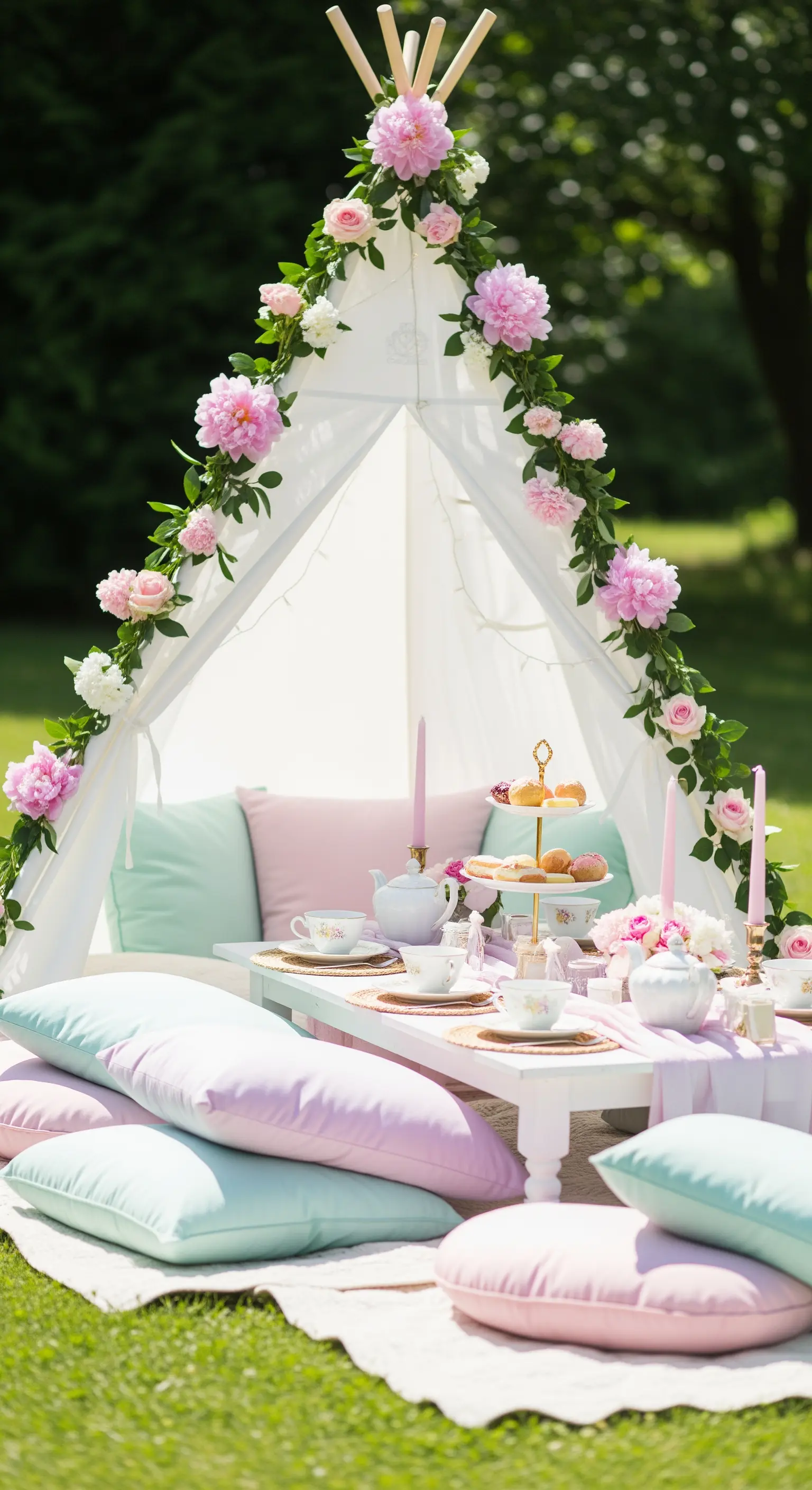 Teepee bianco decorato con ghirlanda di peonie rosa per un tea party romantico in giardino.