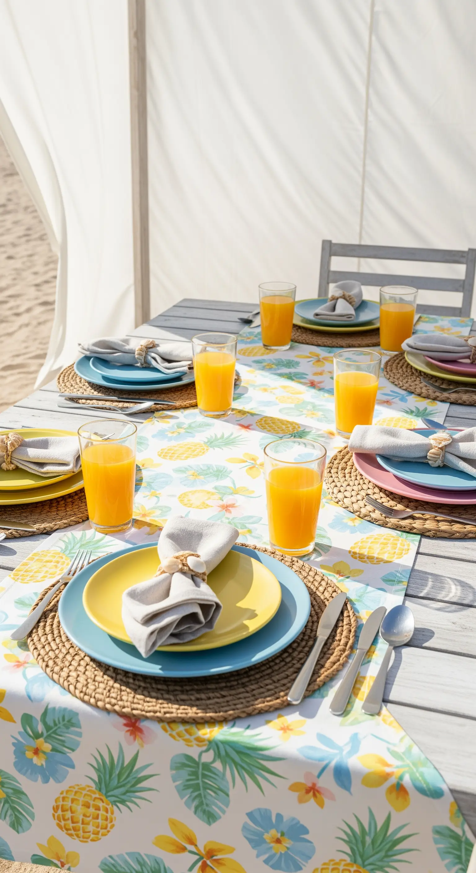 Tavola da picnic in spiaggia con tovaglia ad ananas e piatti color pastello.