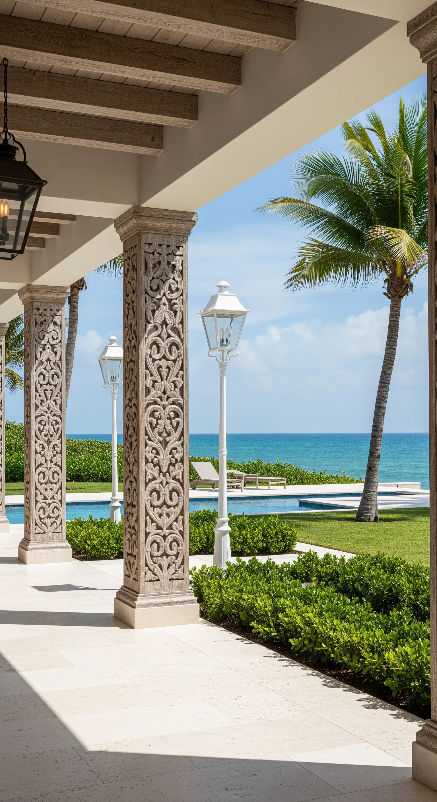 Portico con colonne in pietra finemente intagliata e vista sulla piscina e sul mare.