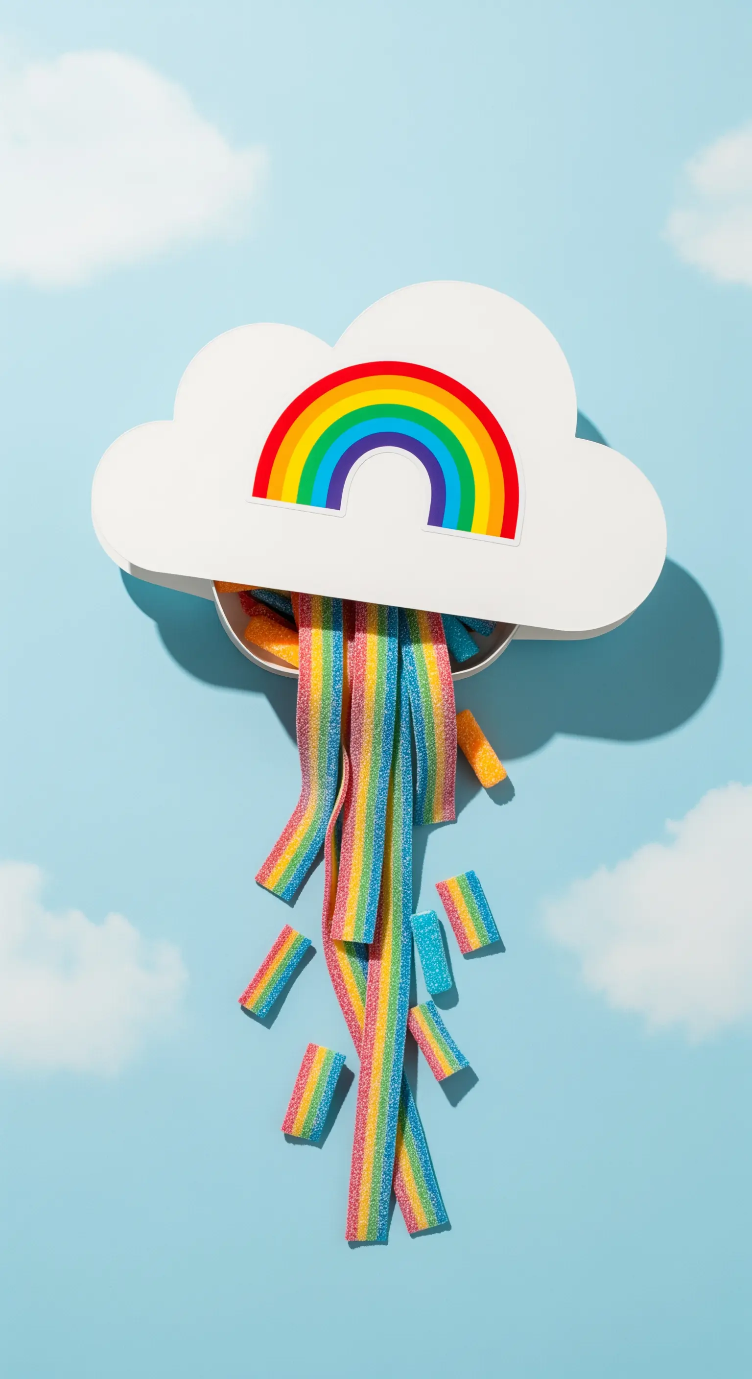 Composizione creativa con caramelle arcobaleno che escono da una scatola a forma di nuvola.